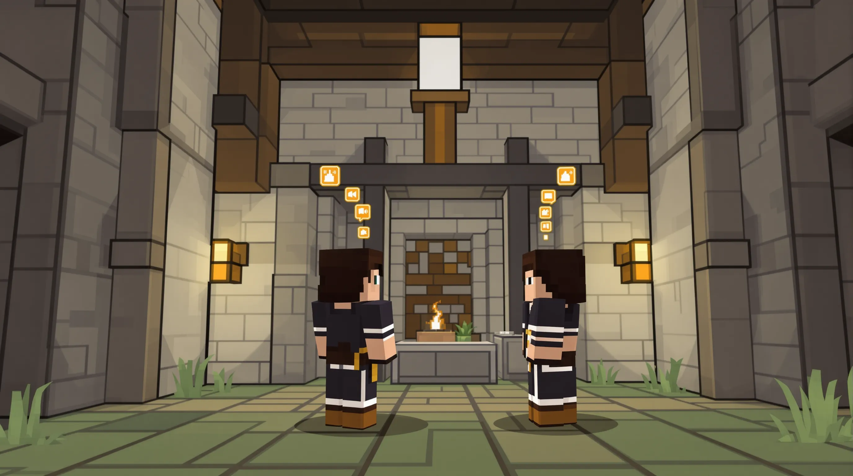 Vue intérieure d’une base médiévale sur un serveur Minecraft ; deux joueurs frontaux portent des skins français et parlent, de petites bulles audio flottent au-dessus d’eux indiquant des niveaux sonores variables.