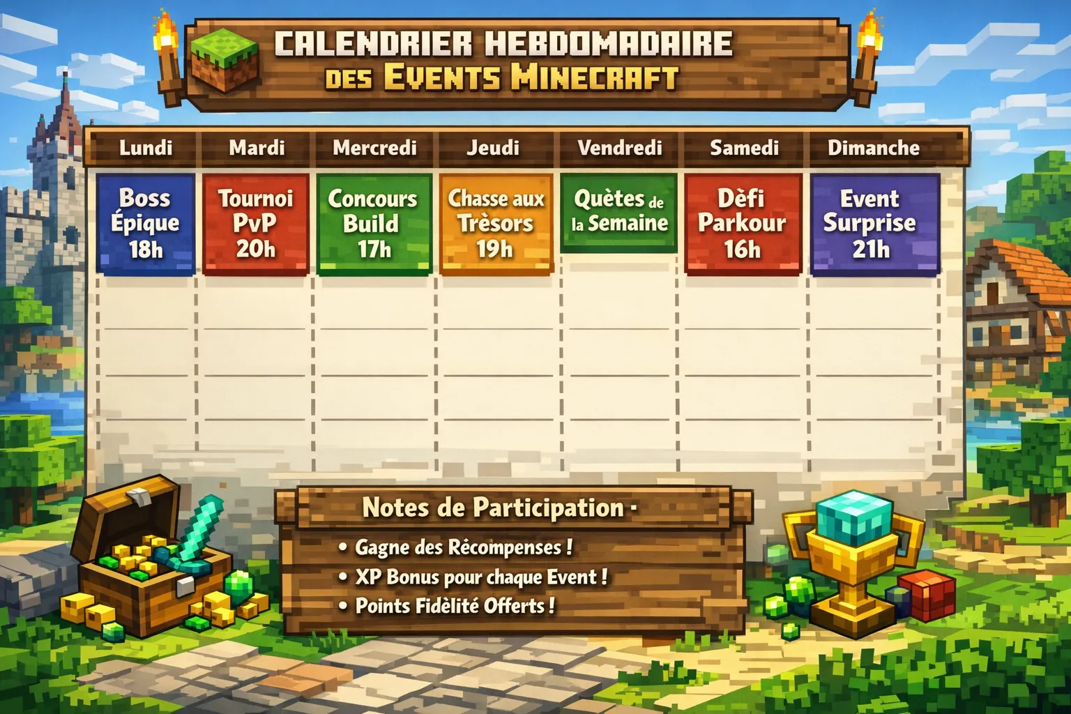 Un calendrier hebdomadaire d’events Minecraft en français avec des créneaux par jour (boss, tournoi PvP, concours build, quêtes de semaine) et des notes de participation.