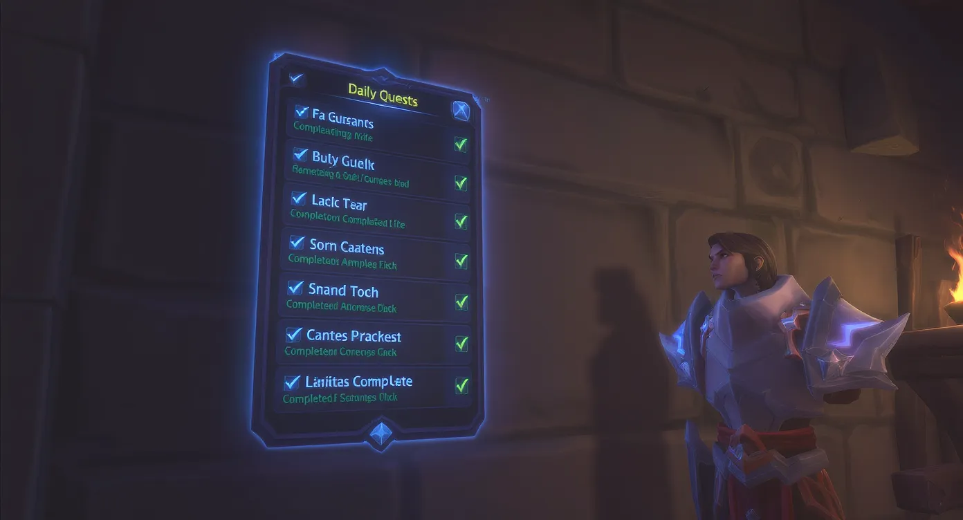 Tableau virtuel affiché sur un mur en jeu présentant une liste de quêtes quotidiennes cochées, avec un joueur en armure Netherite observant ses progrès.