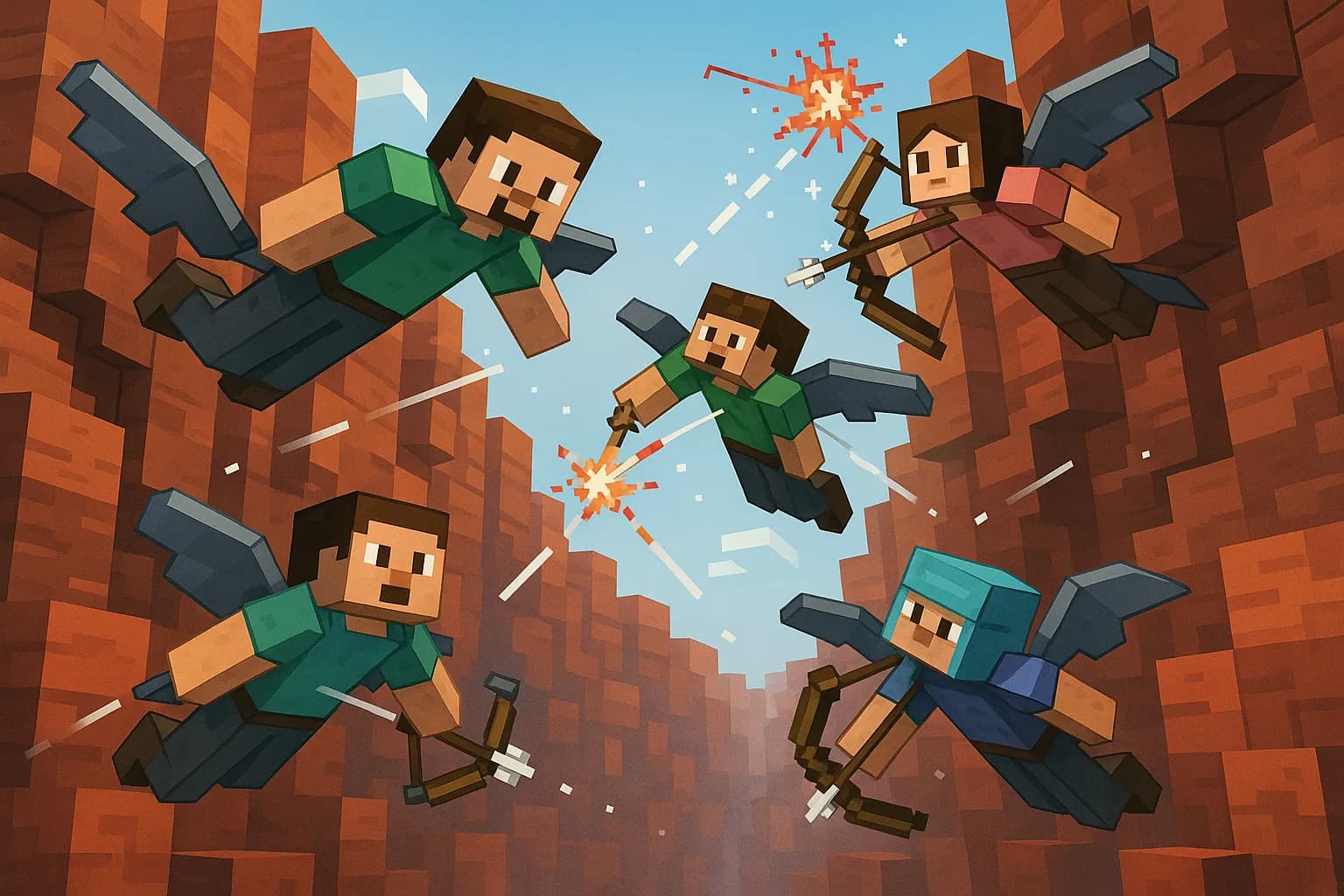 Quatre joueurs équipés d'elytras s'affrontent dans un canyon de blocs rouges, traînées de feux d'artifice et particules de flèches visibles.