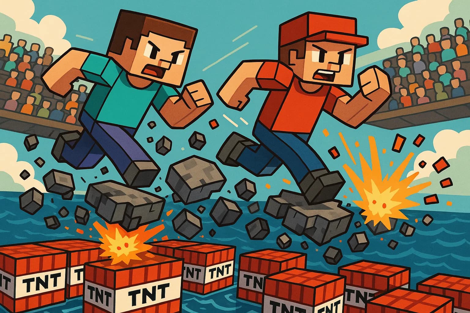 Deux joueurs sprintent sur des blocs qui se désagrègent au-dessus d'un océan de TNT, avec des particules explosives et un public en spectateur sur des gradins flottants.