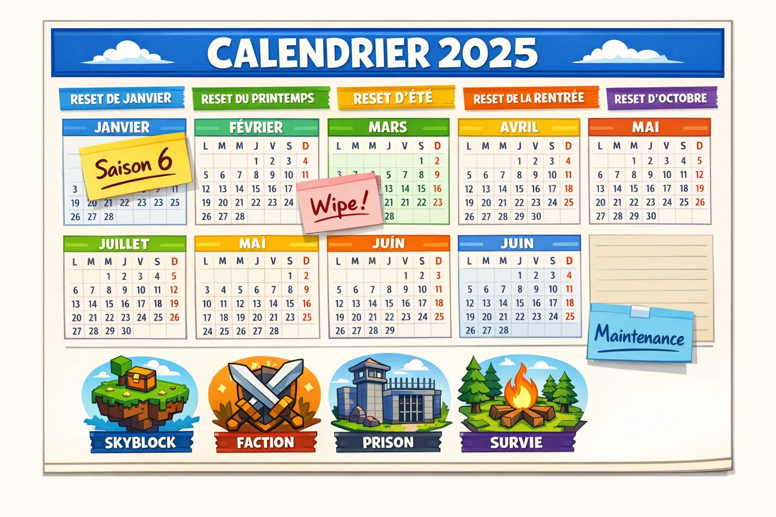 Un calendrier 2025 affiché en français, avec des repères colorés pour les périodes de reset typiques (janvier, printemps, été, rentrée, octobre), des icônes représentant Skyblock, Faction, Prison et Survie, et quelques post-it indiquant “Saison 6”, “...