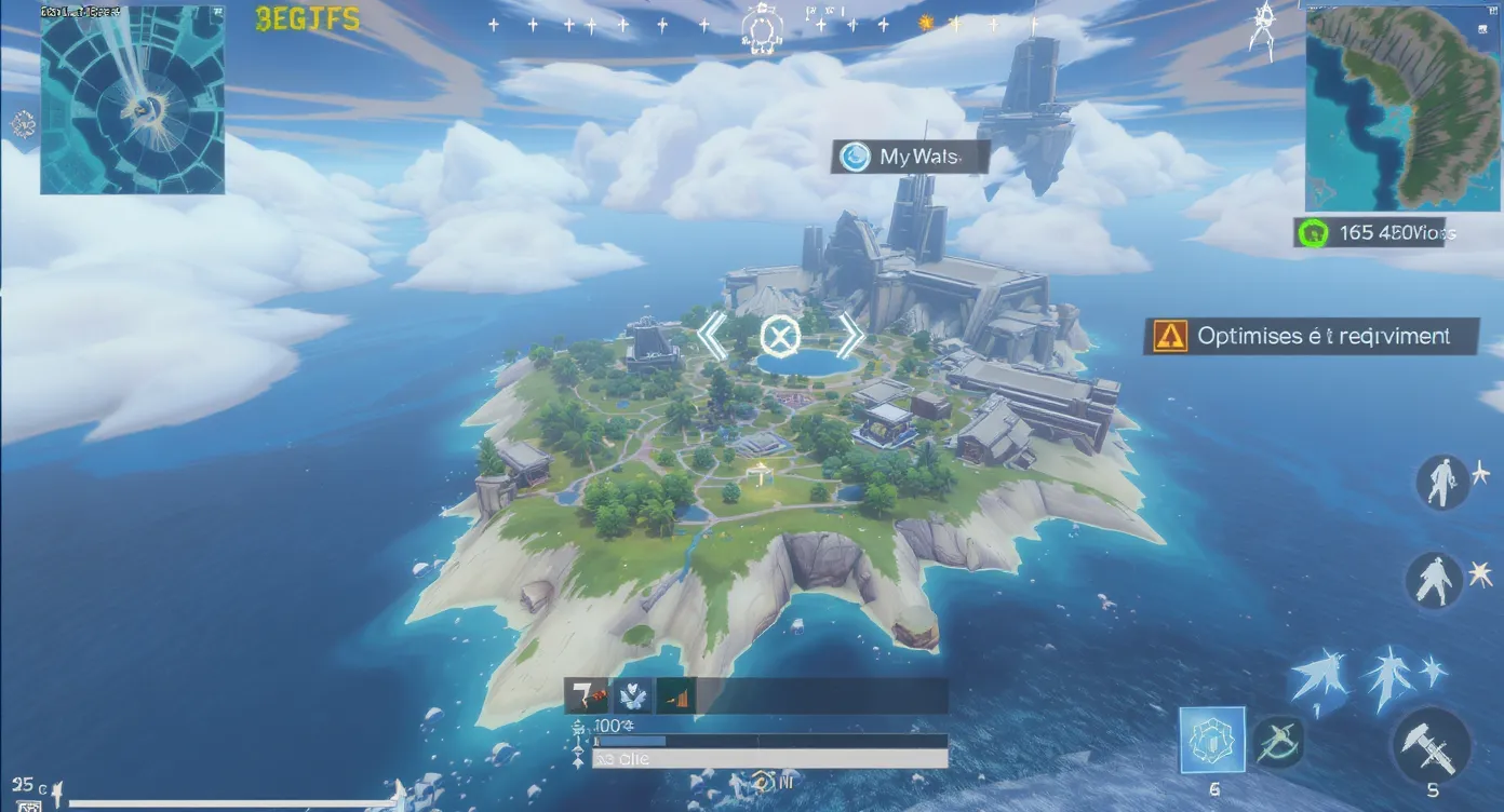 Vue subjective d’un joueur SkyWars sur une île centrale, l’overlay FPS affiche 165 FPS et un panneau indique les réglages optimisés.