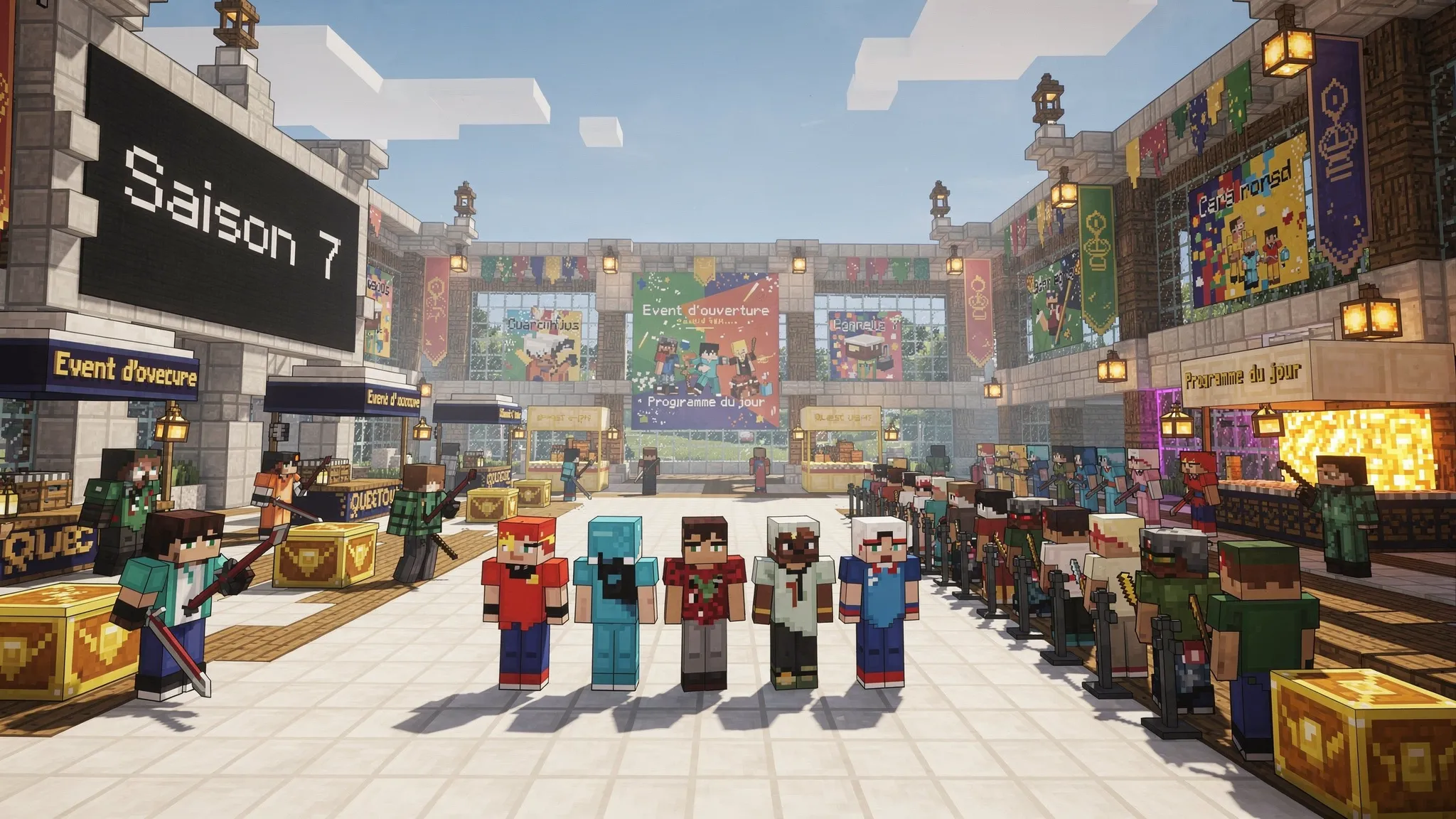 Spawn d’un serveur Minecraft francophone un jour de reset, avec joueurs alignés, scoreboard « Saison 7 », NPC de quêtes, panneaux d’events d’ouverture et file d’attente au crate.