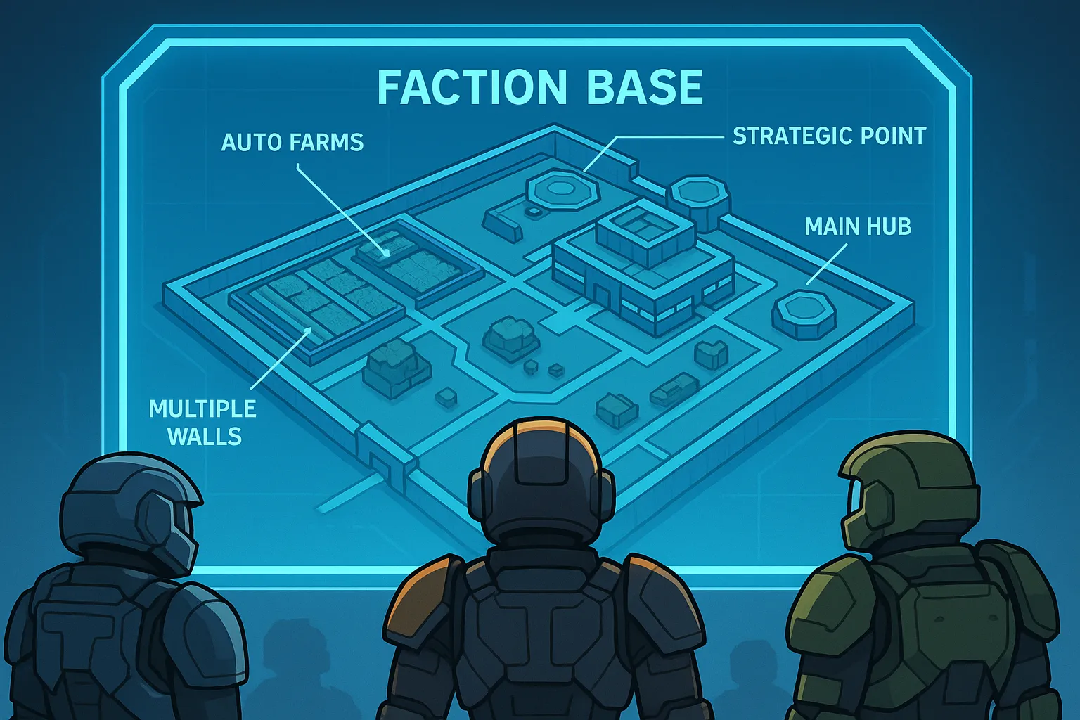Vue plongeante d’une base Faction high-tech avec murs multiples, farms automatiques et points stratégiques étiquetés, présentée sur un panneau holographique à une équipe de joueurs en armure PVP.