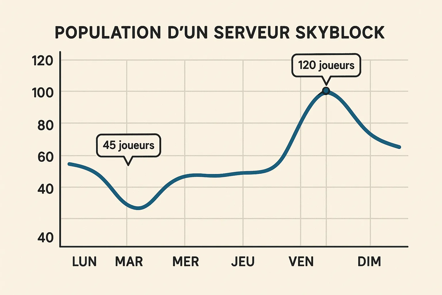 Graphique linéaire montrant la courbe de population d'un serveur Skyblock sur une semaine, avec un pic à 120 joueurs le samedi soir et un creux à 45 joueurs le mardi matin.