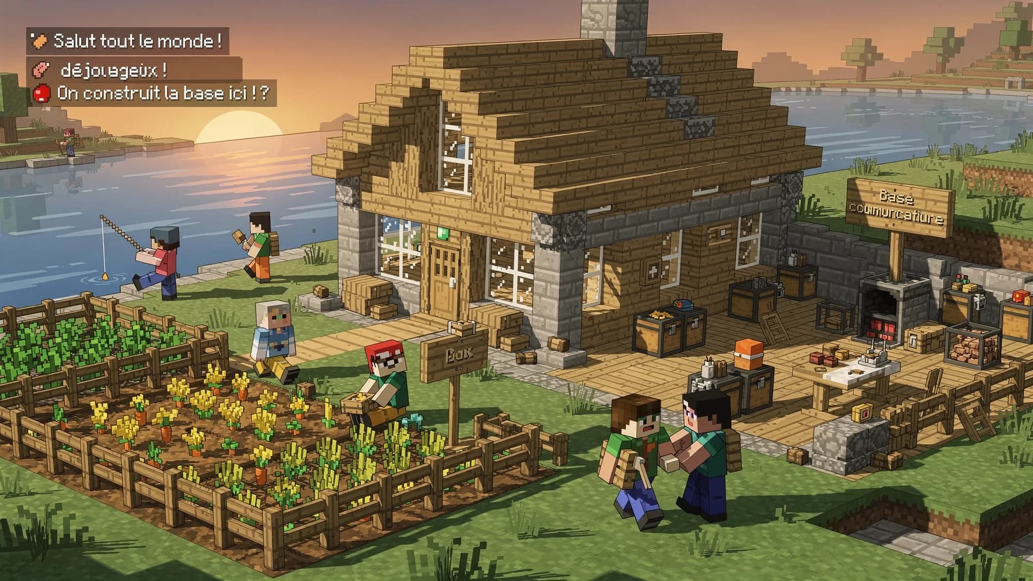 Scène de survie multijoueur: plusieurs joueurs Minecraft construisent une base en bois et pierre près d’une rivière, avec des champs, des coffres et un petit chantier commun, ambiance communautaire francophone.