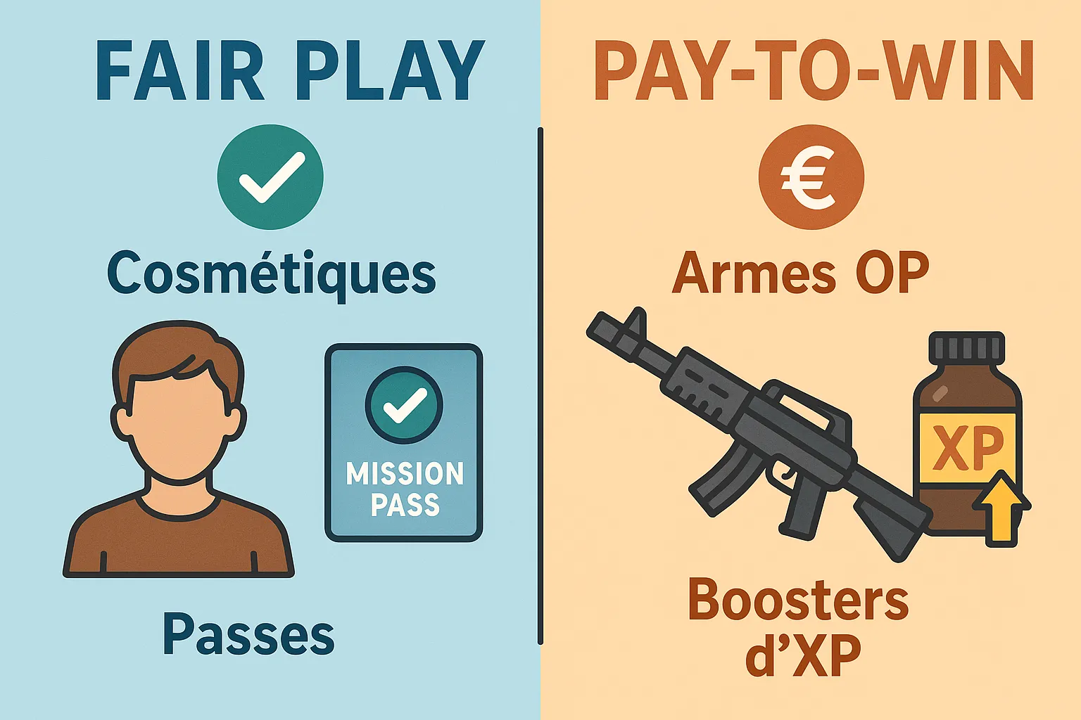 Infographie comparant les pratiques « fair play » (cosmétiques, passes de missions) et les dérives pay-to-win (armes OP, boosters dXP).