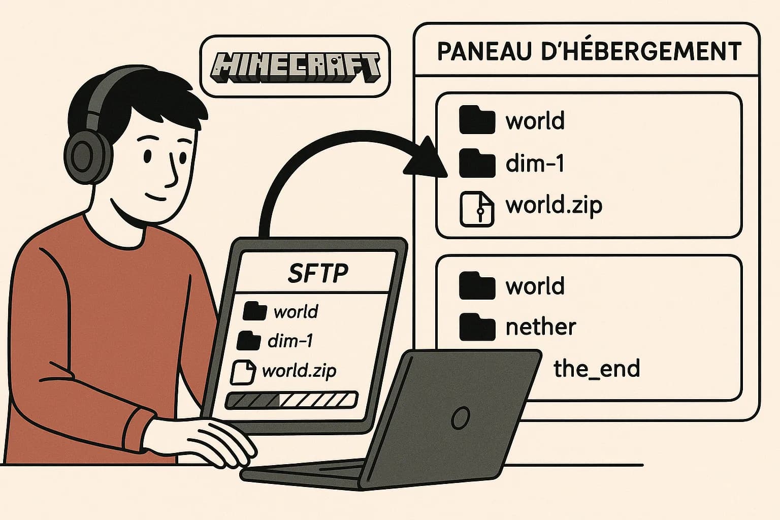 Un joueur transfère des fichiers Minecraft via un client SFTP vers un panneau d’hébergement, avec une progression compressée en .zip et la structure world/nether/the_end visible dans l’interface.