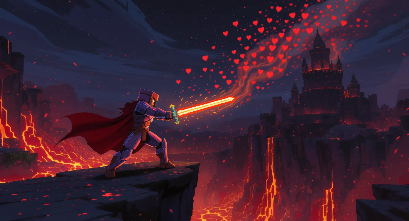 Un guerrier Minecraft en full Netherite frappe un adversaire au bord d’un ravin, des cœurs rouges flottant dans l’air pour symboliser le vol de vie. En arrière-plan, un château médiéval en ruines domine un paysage nocturne éclairé par la lave.
