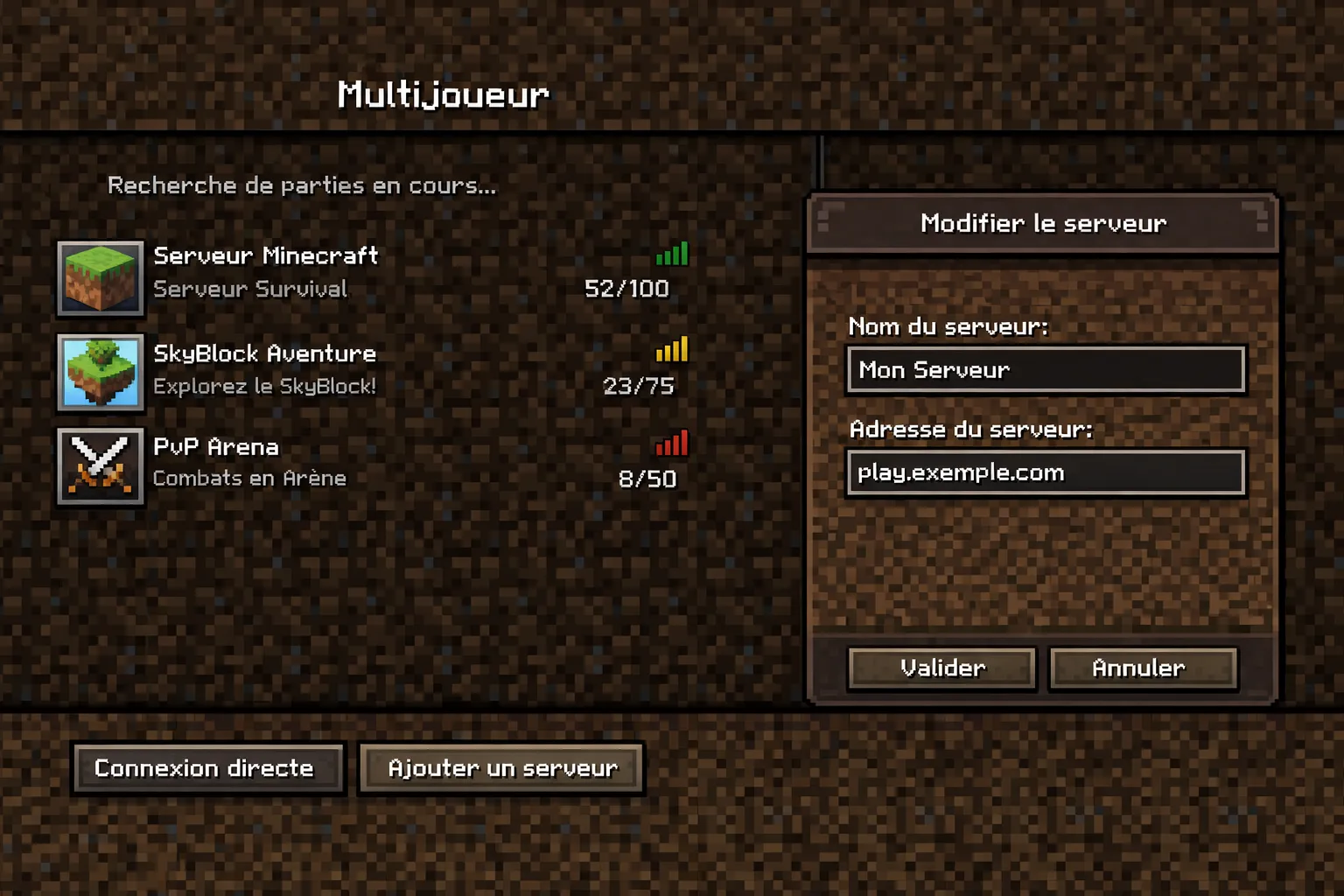 Écran Multijoueur de Minecraft Java montrant la liste des serveurs, avec les boutons “Connexion directe” et “Ajouter un serveur”, puis la fenêtre “Modifier le serveur” contenant les champs “Nom du serveur” et “Adresse du serveur”.