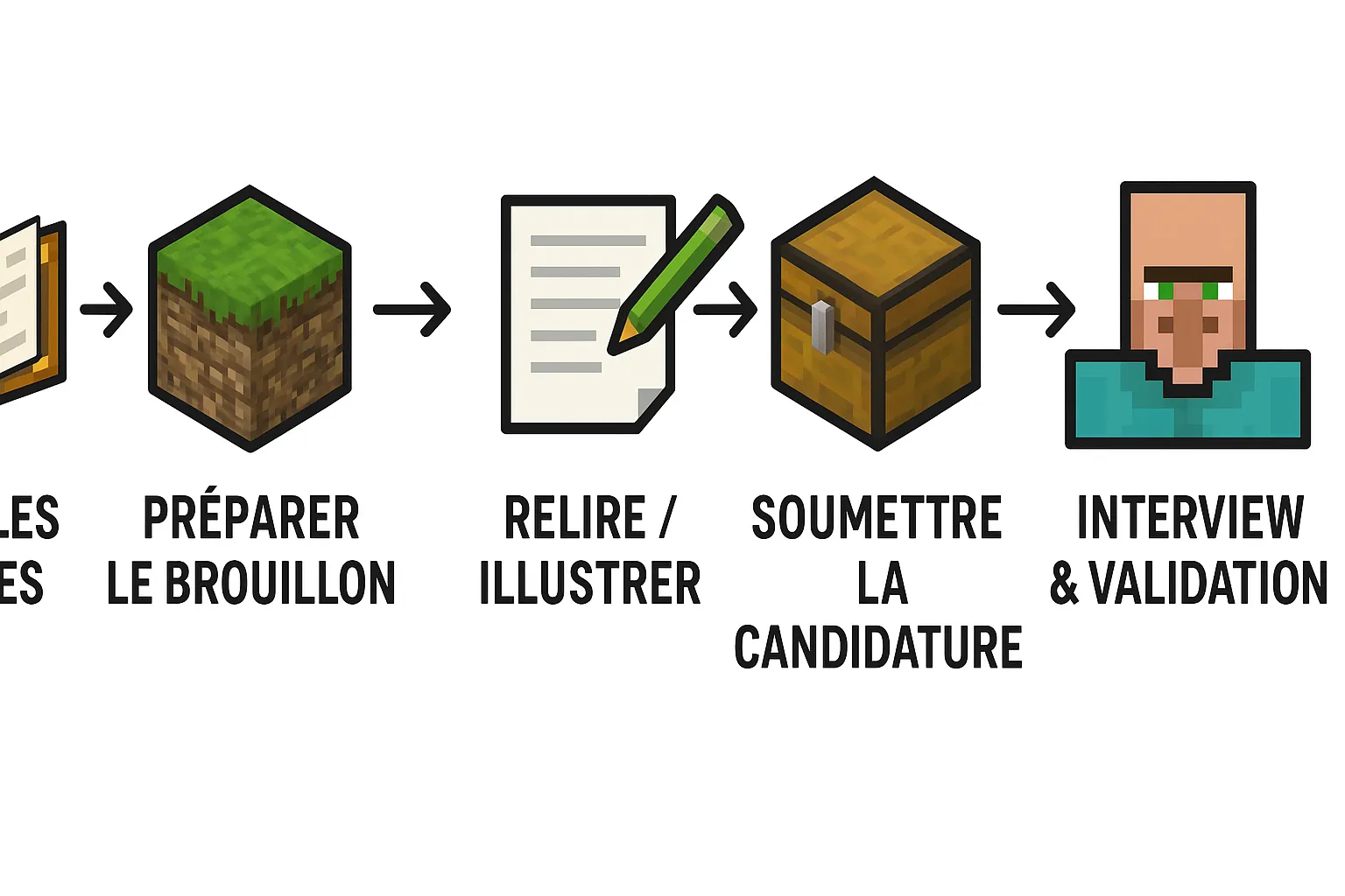 Schéma simple en cinq étapes montrant le processus “Lire les règles → Préparer le brouillon → Relire/Illustrer → Soumettre la candidature → Interview & validation”, avec des icônes Minecraft associées à chaque étape.