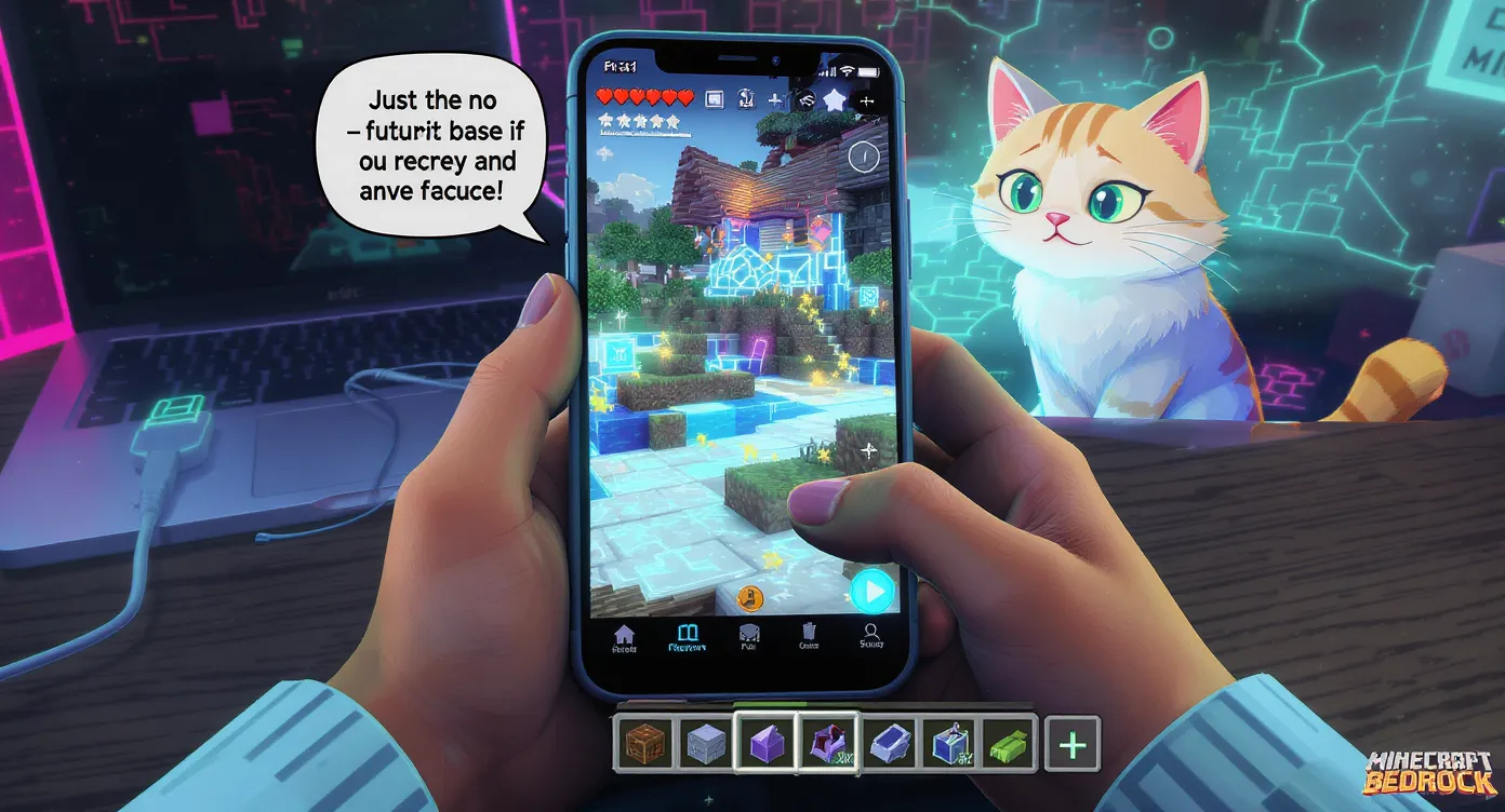 Vue d’un joueur mobile construisant une base futuriste dans Minecraft Bedrock, avec l’interface tactile à l’écran et un chat francophone animé en arrière-plan.