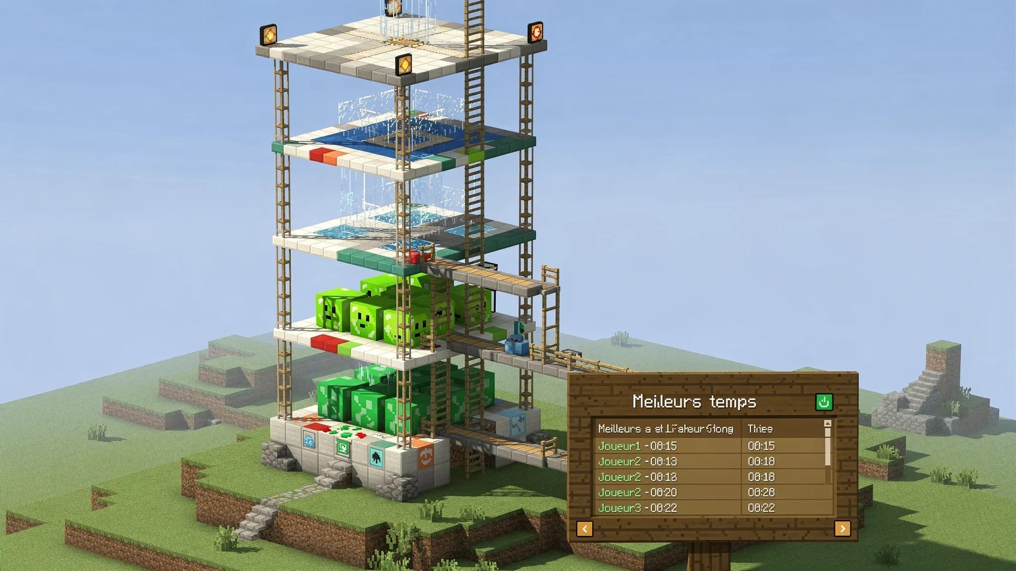 Une tour d’entraînement MLG avec plusieurs plates‑formes à différentes hauteurs, zones dédiées au water bucket, à l’échelle, au slime et un tableau d’affichage des meilleurs temps.