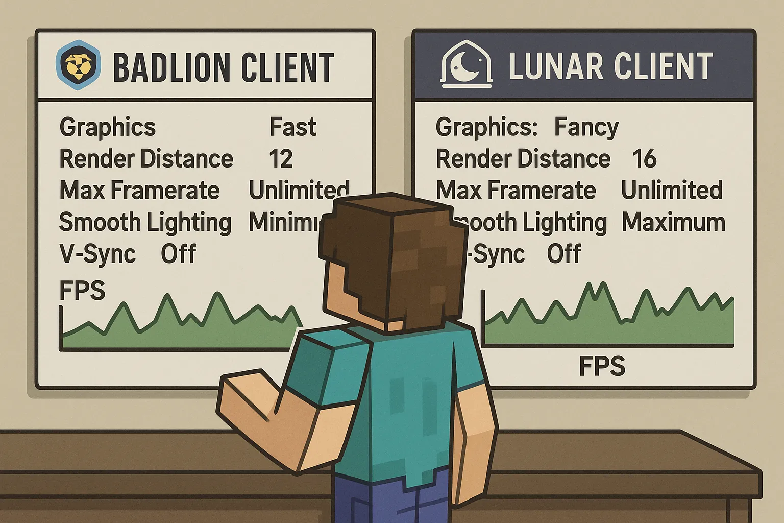 Un joueur Minecraft examine simultanément deux onglets d'options graphiques : à gauche Badlion Client, à droite Lunar Client, avec des graphiques d'images par seconde affichant les performances.