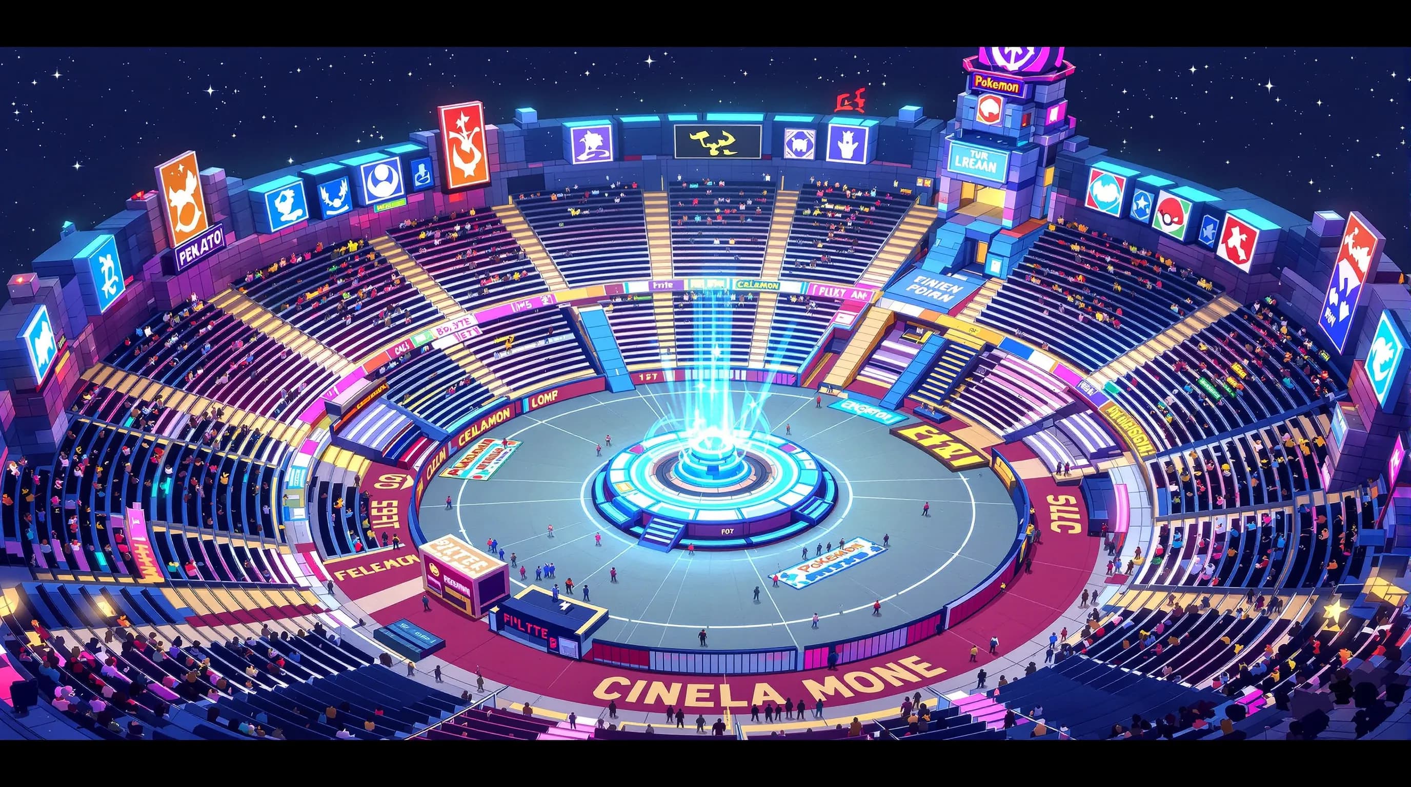 Vue aérienne d’une arène Pokémon inspirée de la ville de Céladopole, construite en blocs Prismarine et Quartz, illuminée pour un tournoi Pixelmon nocturne avec une foule de joueurs.