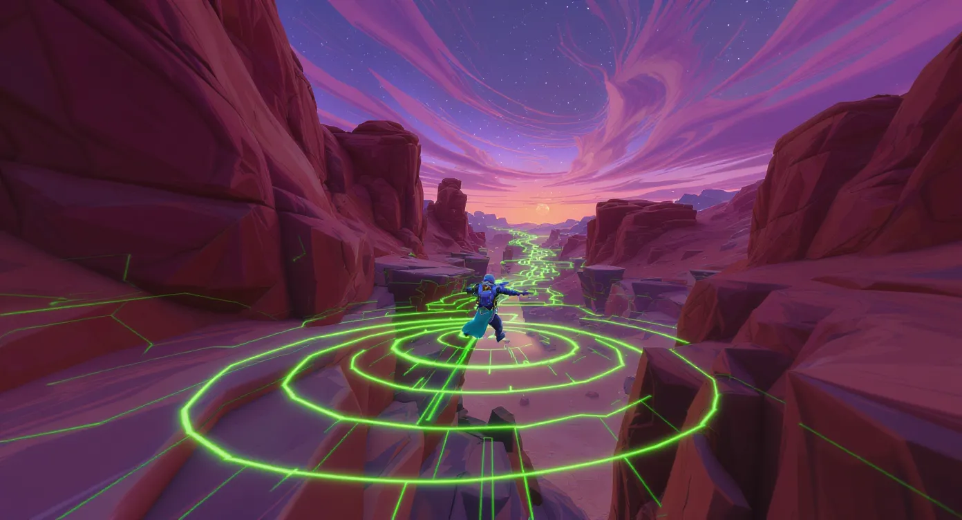 Vue aérienne d’un joueur en Elytra traversant un canyon de pierre rouge avec des anneaux de particules vert vif indiquant la trajectoire optimale, sous un ciel crépusculaire.