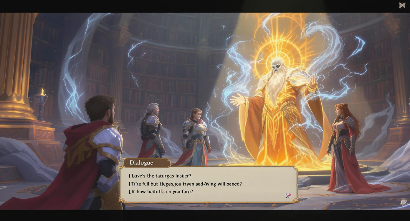 Un groupe de quatre aventuriers en armure custom discute devant un PNJ mage lumineux, interface de dialogue avec choix multiples visible, bibliothèque géante en fond, lumière volumétrique.