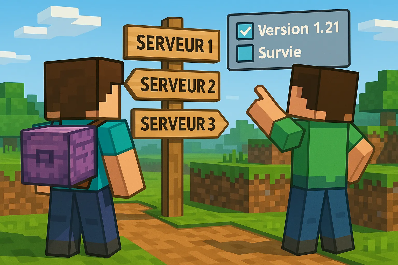 Deux joueurs Minecraft contemplent des pancartes indiquant différents serveurs, l’un portant un sac à dos rempli de shulkers pour symboliser le déménagement, l’autre pointant les filtres "Version 1.21" et "Survie" sur un écran flottant.