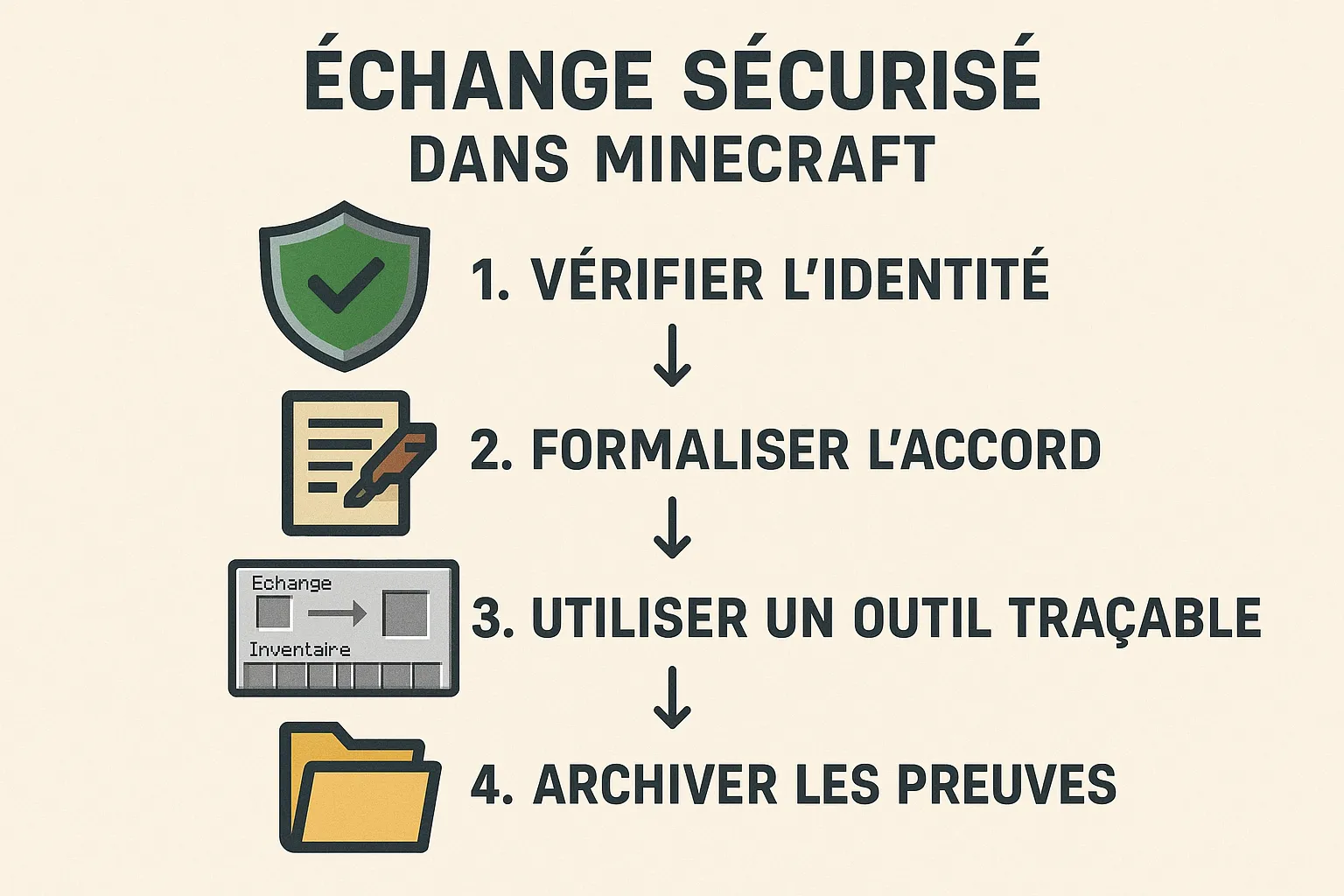Petit schéma de décision simple en 4 étapes pour un échange sécurisé dans Minecraft : 1 Vérifier l’identité, 2 Formaliser l’accord, 3 Utiliser un outil traçable, 4 Archiver les preuves, avec icônes d’un bouclier, d’un contrat, d’une fenêtre GUI et d’...