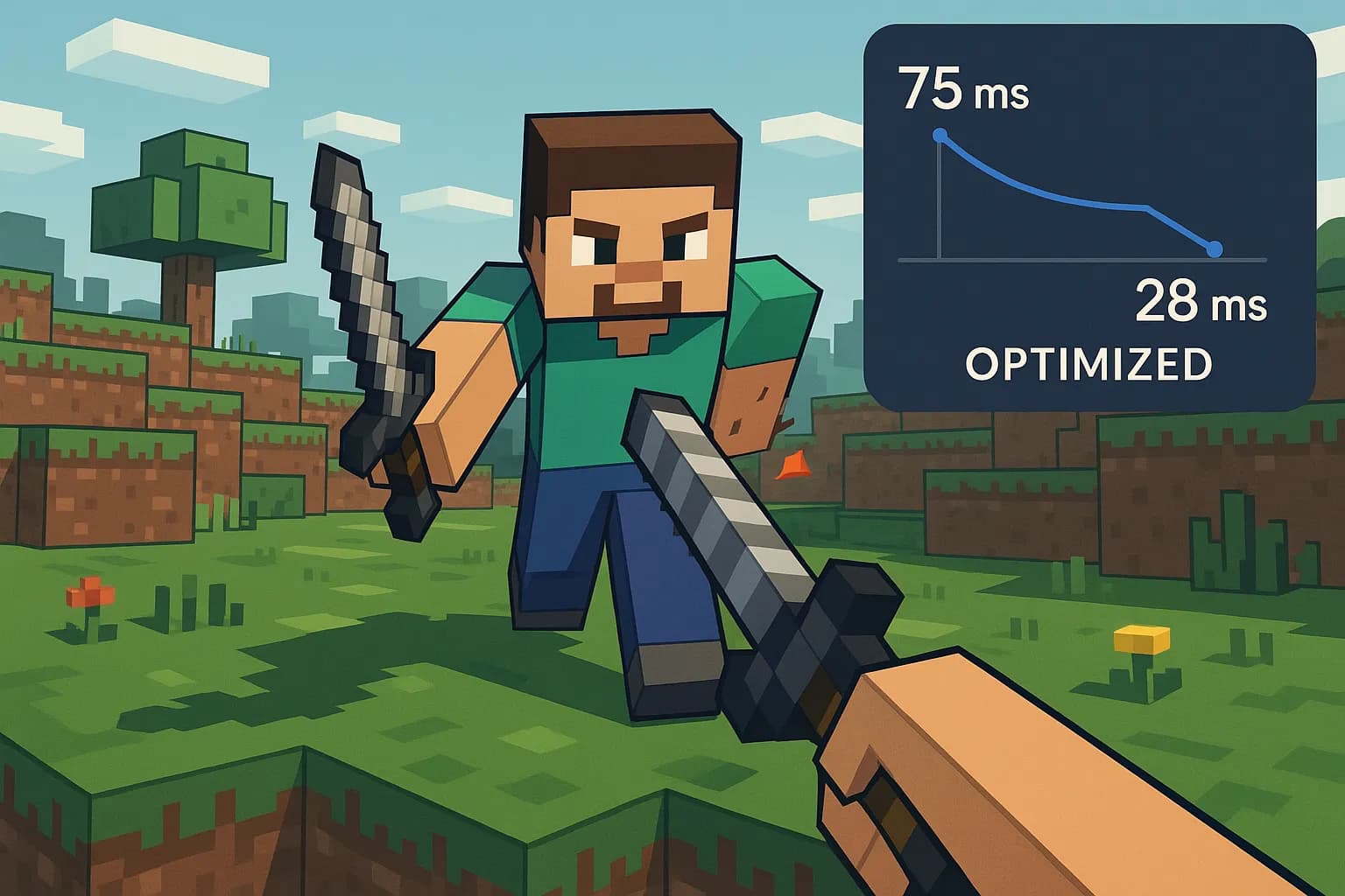 Un joueur Minecraft en vue subjective combat un autre joueur ; un overlay graphique montre la latence passant de 75 ms à 28 ms après optimisation.