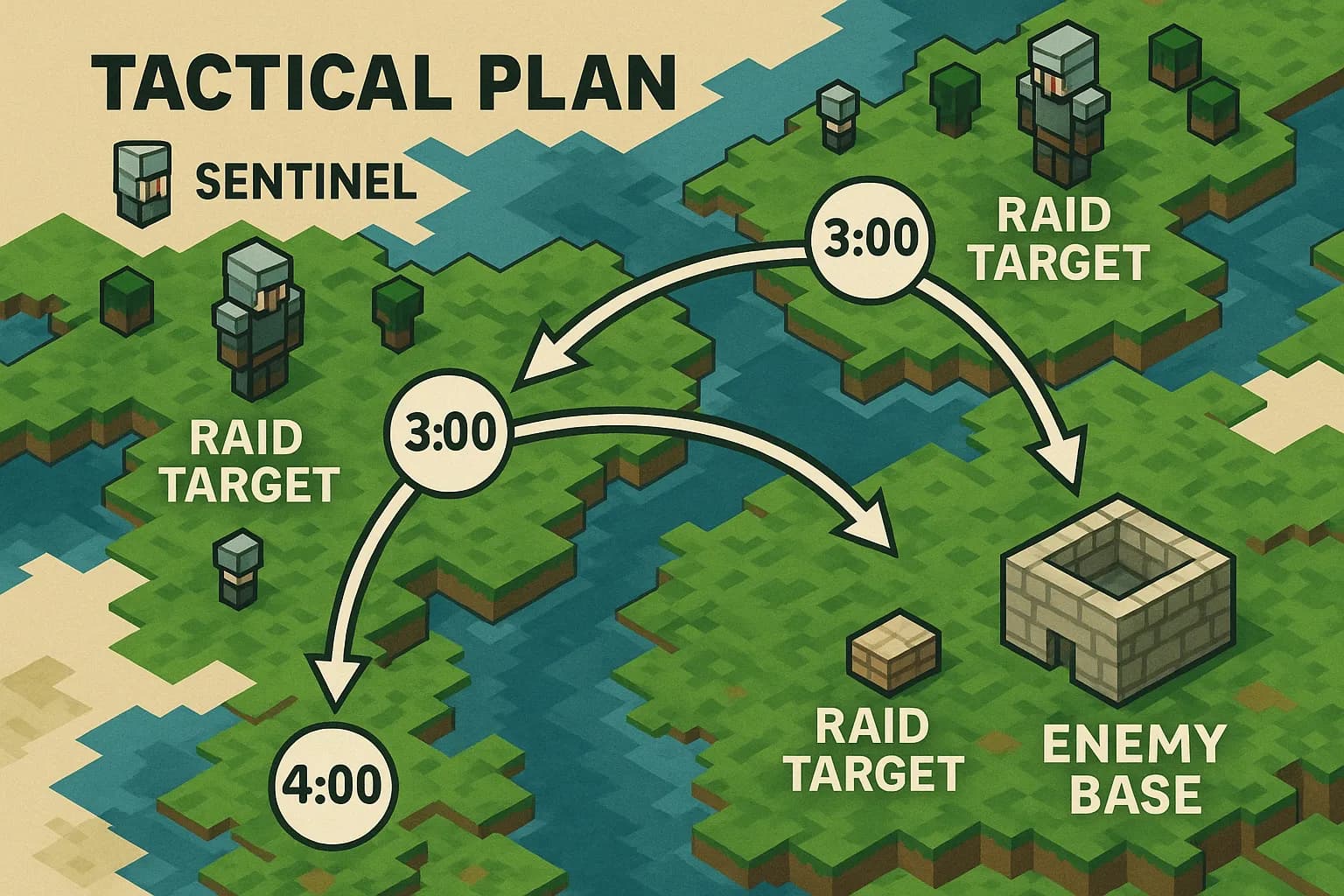 Plan tactique dessiné sur une carte Minecraft : schéma simplifié montrant trois créneaux horaires, positions des sentinelles et cibles de raid à proximité d’une base ennemie.