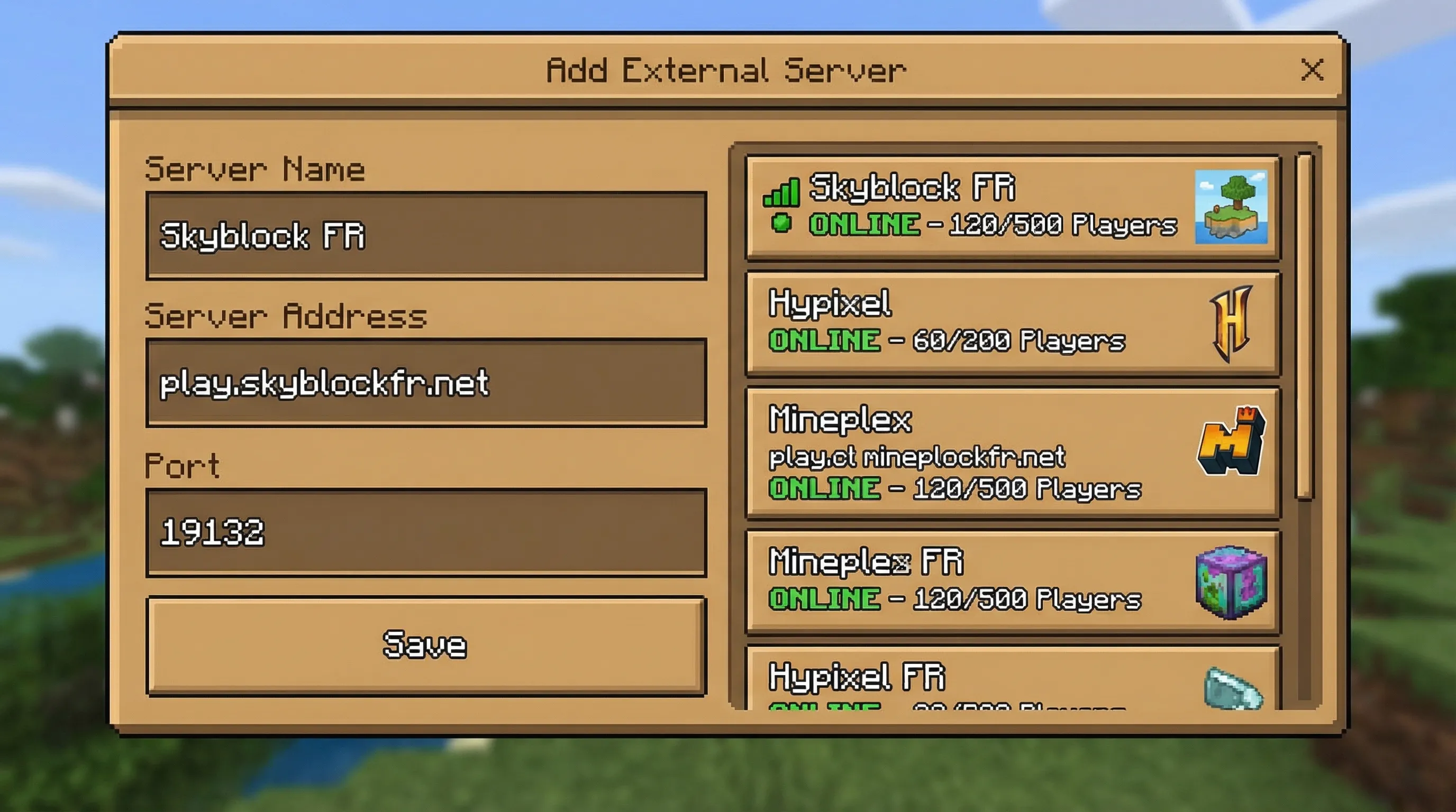 Écran Minecraft Bedrock “Ajouter un serveur” avec champs Adresse et Port, et un exemple de serveur Skyblock FR affiché dans la liste, interface Bedrock claire et lisible.