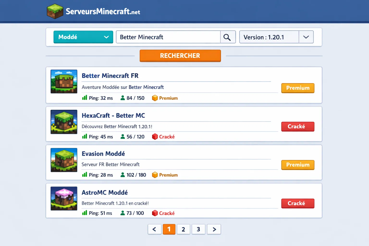 Interface d’un joueur sur le site ServeursMinecraft.net avec le filtre “Moddé”, la recherche “Better Minecraft”, la sélection de version 1.20.1 et une liste de serveurs FR avec indicateurs de ping, joueurs en ligne et accessibilité premium ou cracké.