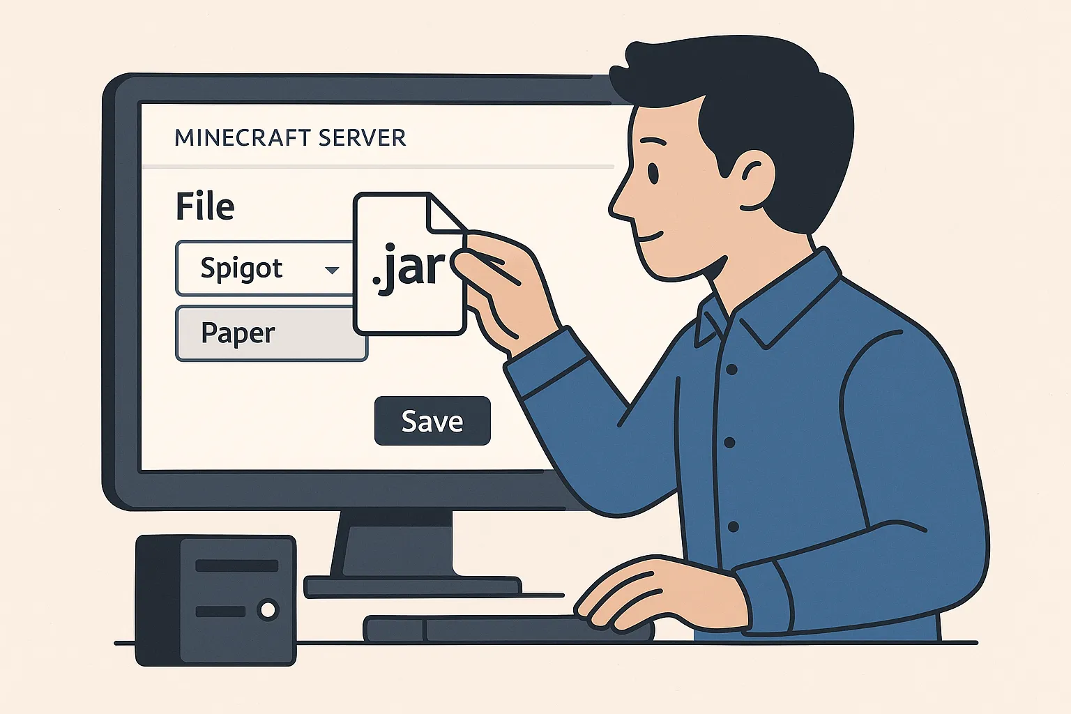 Capture illustrée d’un administrateur changeant le fichier .jar d’un serveur Minecraft sur un panel web, montrant la simplicité de la migration Spigot vers Paper.