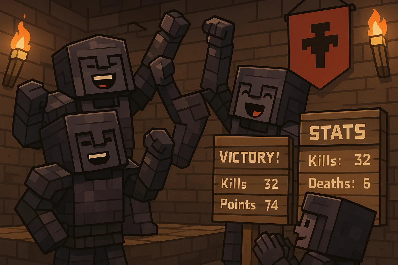 Joueurs en armure Netherite célébrant une victoire autour d’un tableau de statistiques affiché sur des pancartes dans la base, lumière de torches et drapeau de faction en arrière-plan.