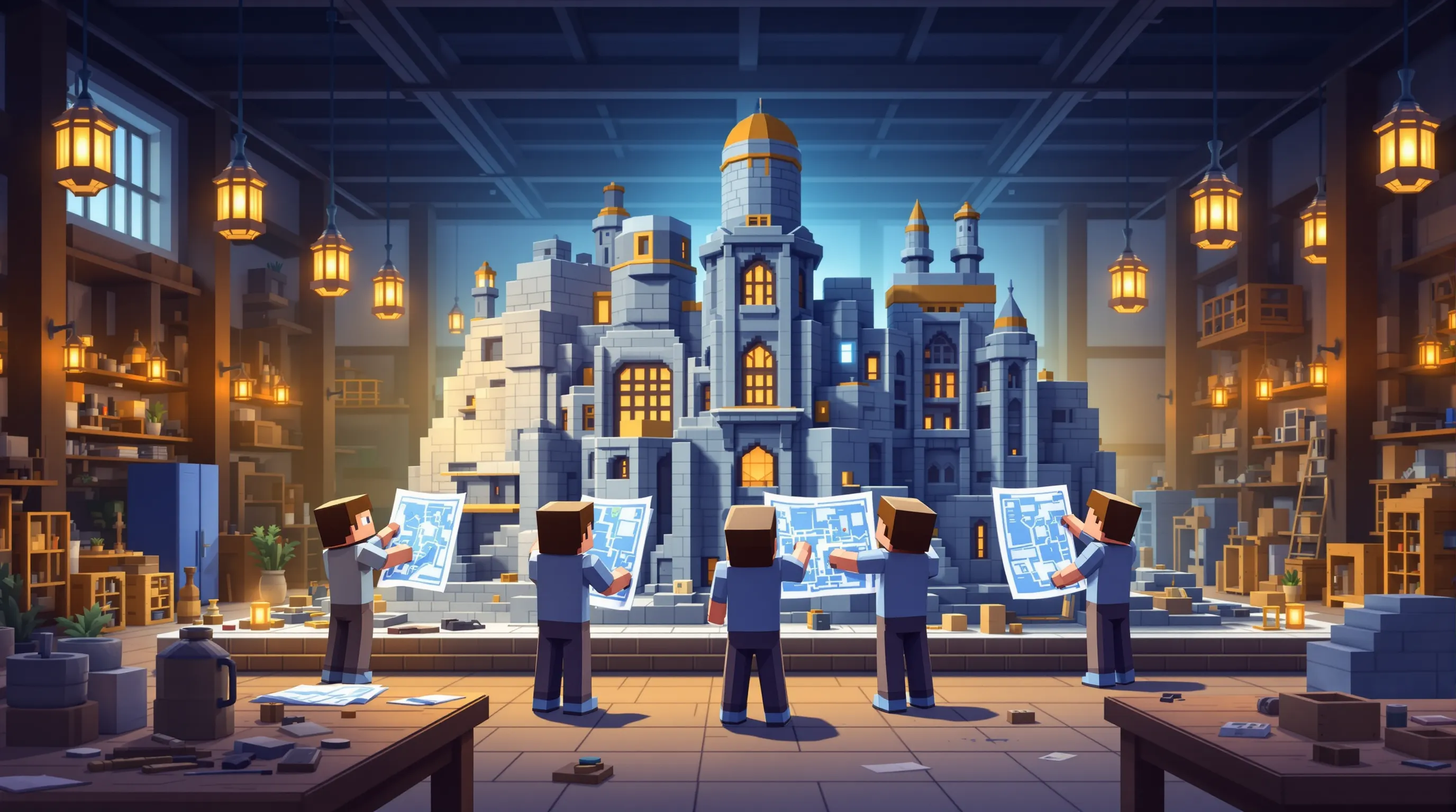 Groupe de joueurs Minecraft tenant des plans d’architecture (cartes) devant une maquette en blocs, travaillant ensemble sur un grand chantier éclairé par des lanternes.