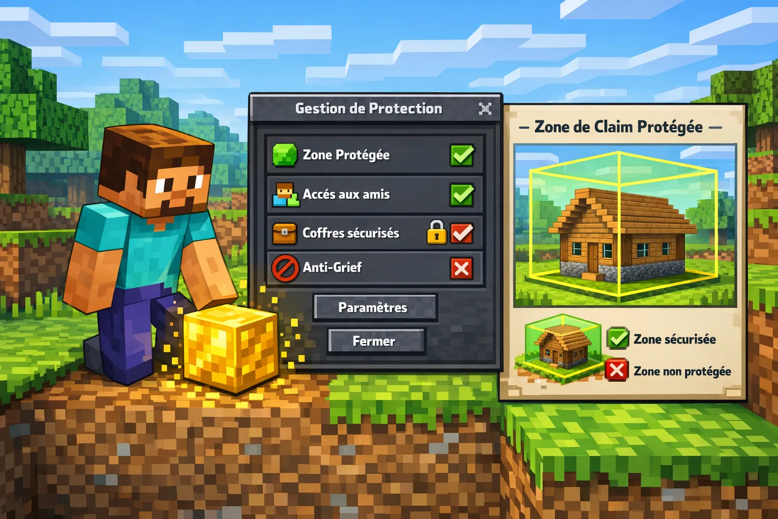 Un joueur Minecraft pose un bloc de “claim” ou ouvre une interface de protection de terrain, avec un petit guide visuel montrant une zone carrée protégée autour d’une maison en bois.