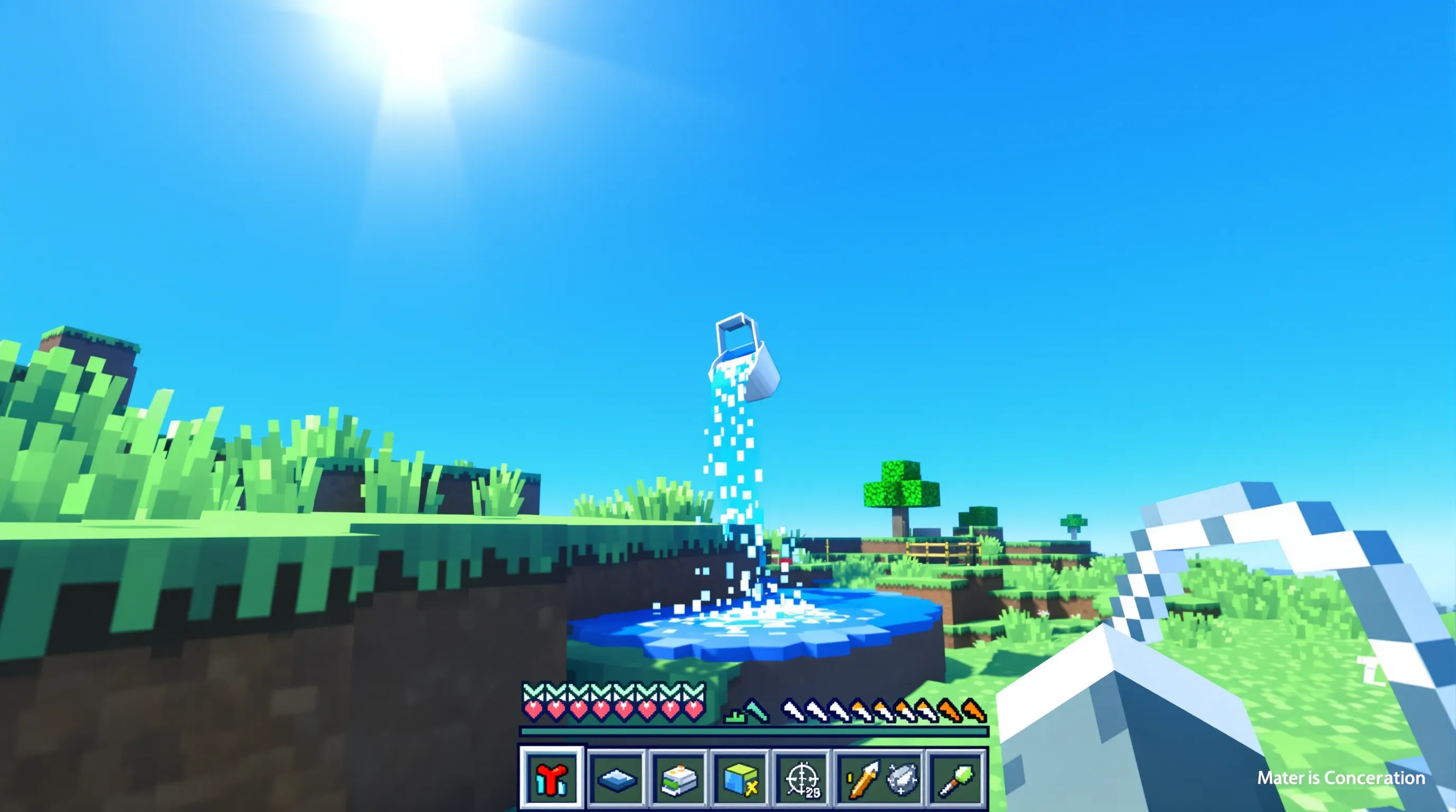 Vue à la première personne d’un joueur Minecraft appliquant un seau d’eau au sol pour annuler des dégâts de chute lors d’un entraînement UHC sur une colline, ciel clair et interface minimaliste.