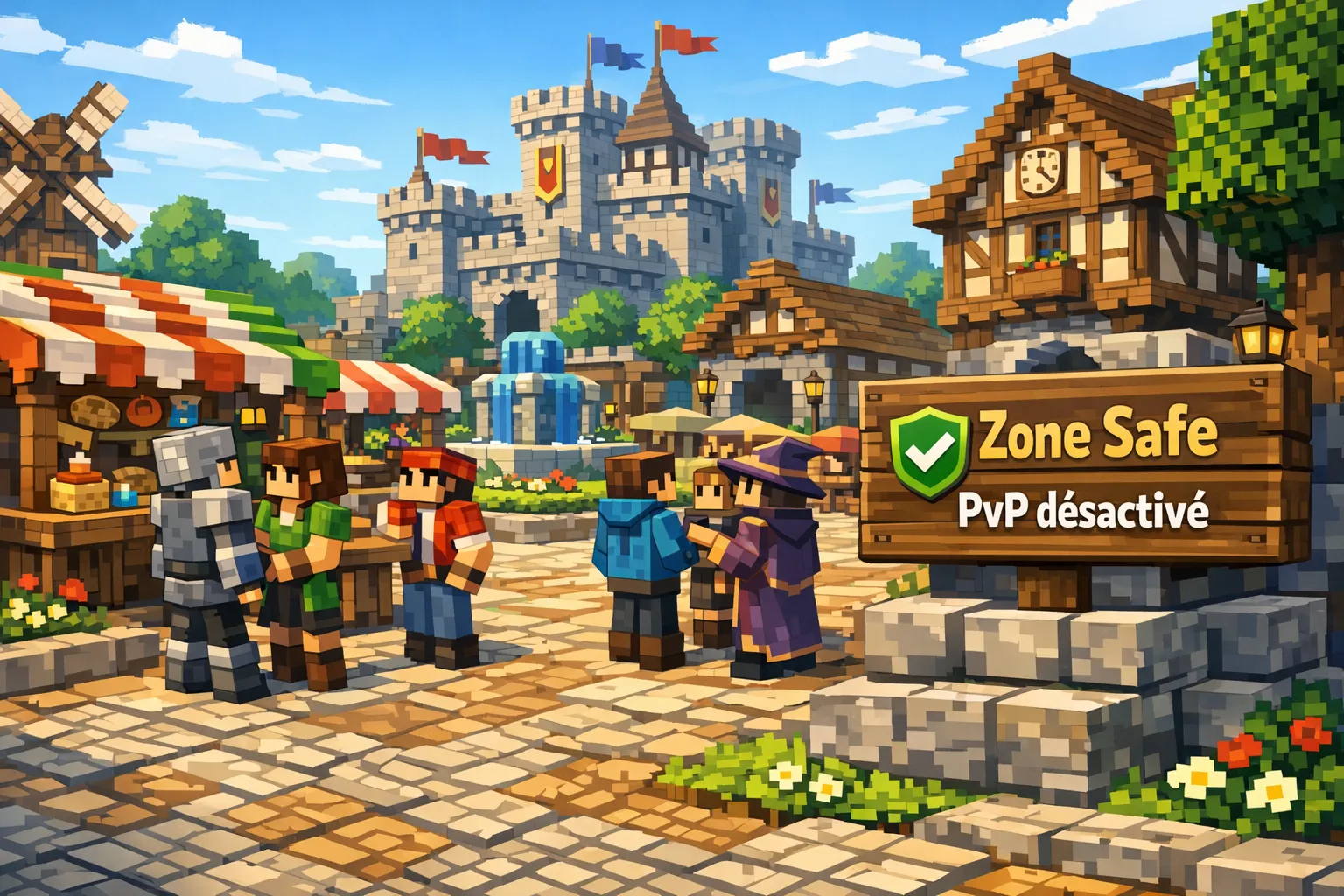 Un spawn Minecraft francophone paisible de style médiéval, avec un panneau bien visible “Zone Safe / PvP désactivé”, des joueurs qui discutent au marché, et une ambiance de village sécurisé.