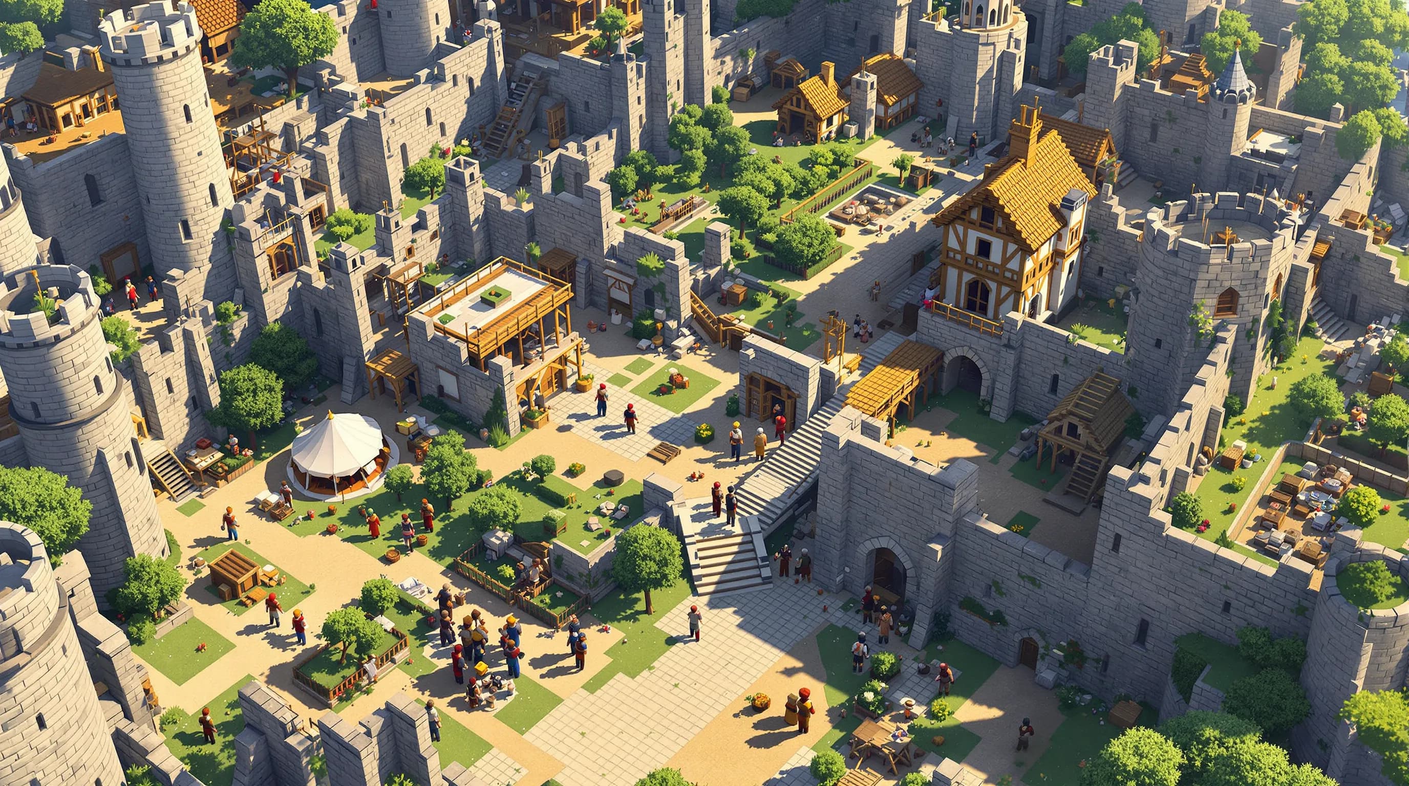 Vue aérienne d’une ville médiévale construite collectivement sur un serveur Minecraft survie, montrant remparts, ponts, rues pavées et jardins partagés, avec plusieurs joueurs en armure discutant près d’un chantier.
