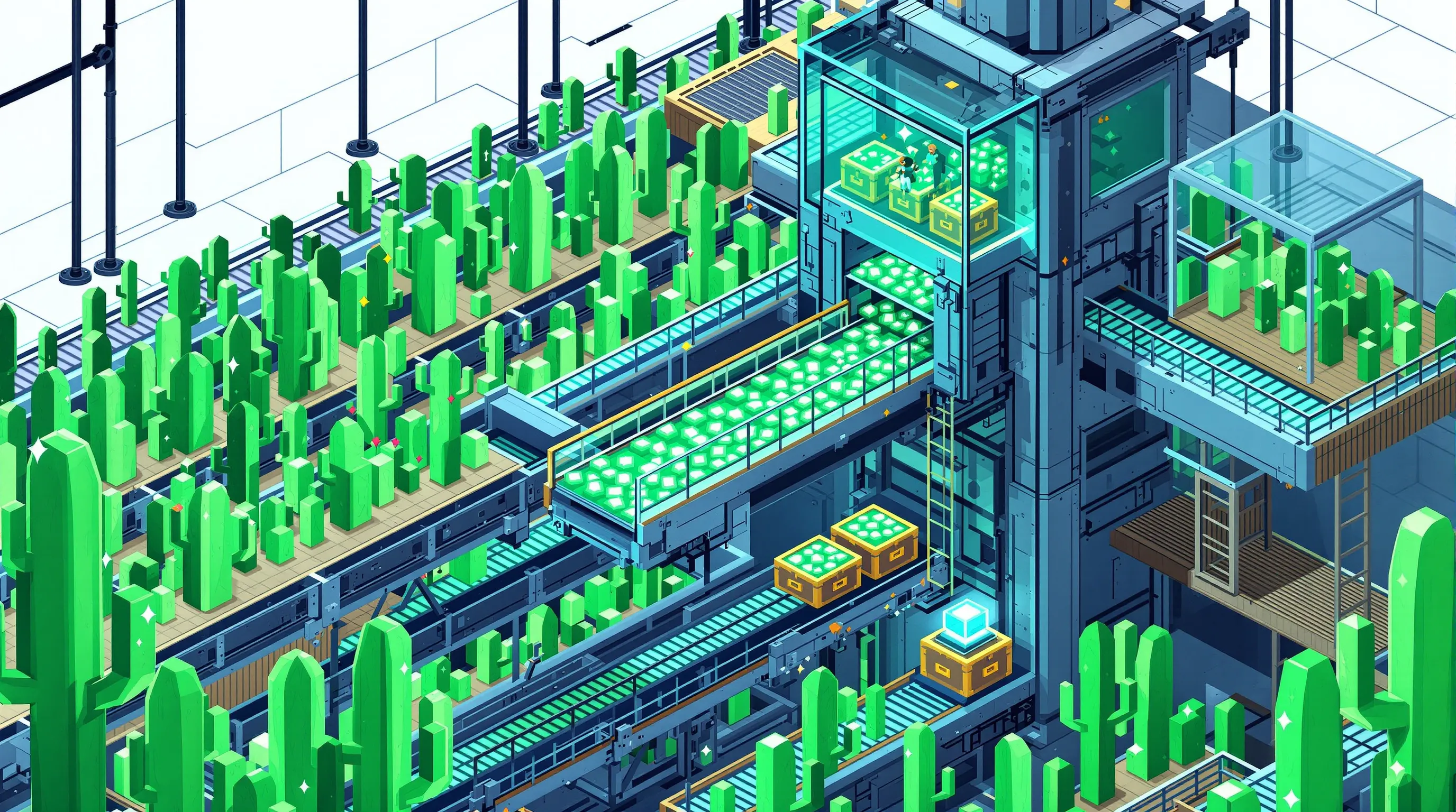Vue en contre-plongée d’une ferme cactus multicouche automatisée, avec un joueur AFK dans une tour de verre et des entonnoirs menant à des coffres pleins d’émeraudes.