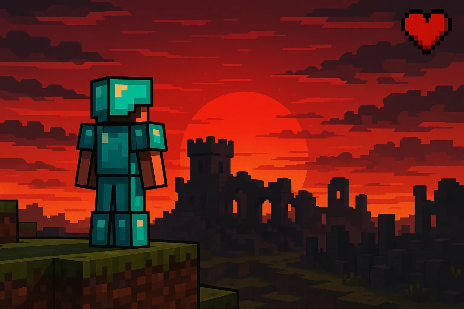 Un joueur Minecraft en armure en diamant observe un coucher de soleil sanglant au-dessus d’une forteresse en ruine, illustrant la tension du mode Hardcore multijoueur.