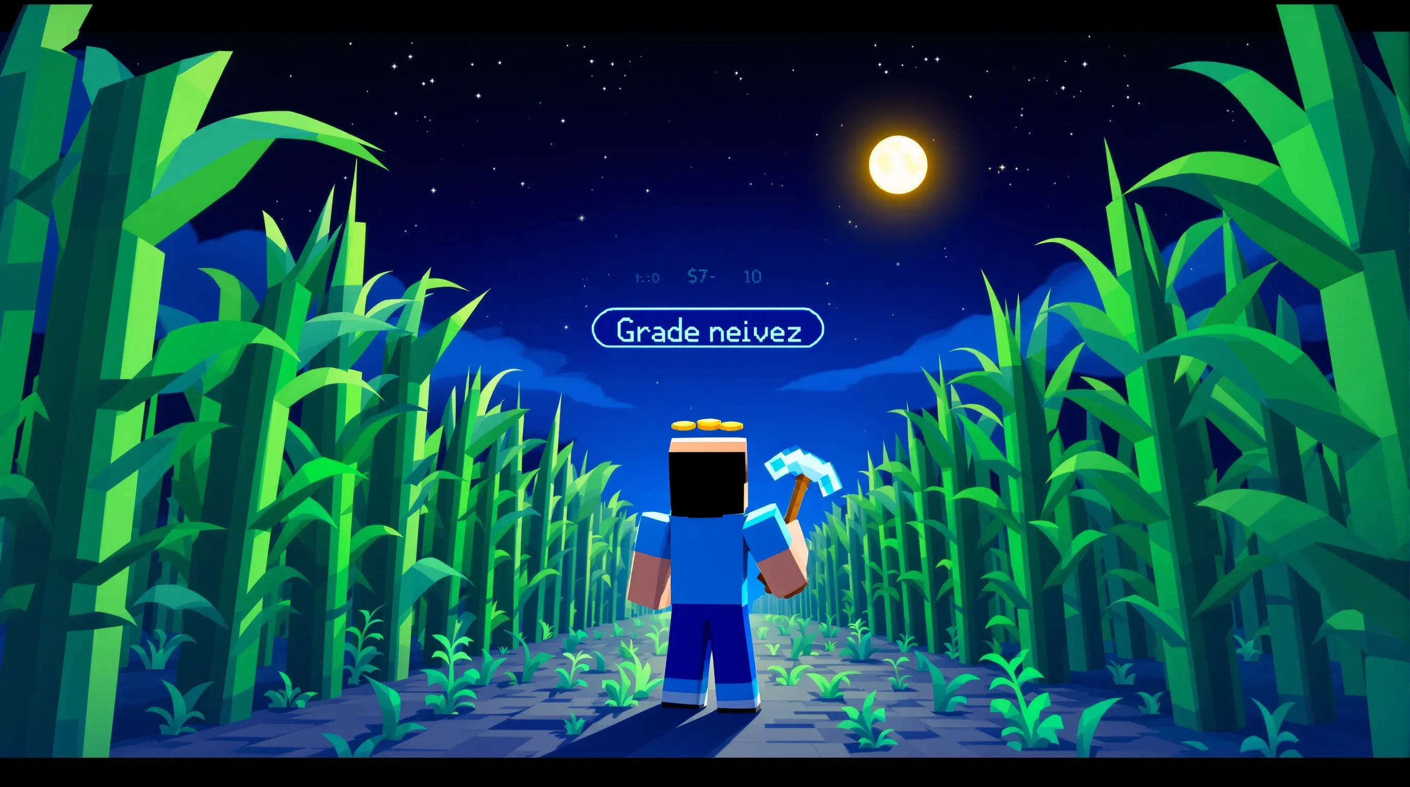 Un joueur Minecraft vu de dos récolte un vaste champ automatisé de canne à sucre sous un ciel nocturne, tandis qu’un compteur d’argent et un hologramme « Grade suivant » s’affichent au-dessus de sa tête.