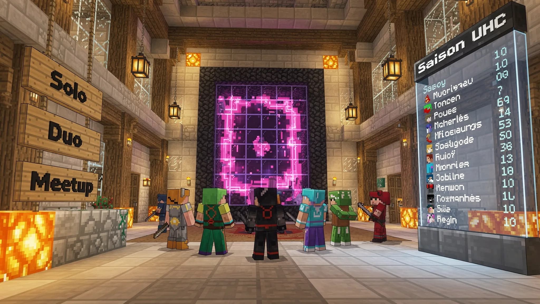 Lobby d’un serveur Minecraft UHC permanent francophone avec panneaux indiquant Solo, Duo, Meetup, un scoreboard de saison sur la droite et des joueurs rassemblés près d’un portail de file d’attente.