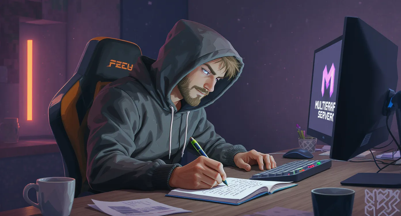 Un joueur Minecraft assis à un bureau numérique, rédigeant une lettre d'excuses manuscrite dans un cahier, avec un écran d'ordinateur affichant le logo d'un serveur multijoueur en arrière-plan.