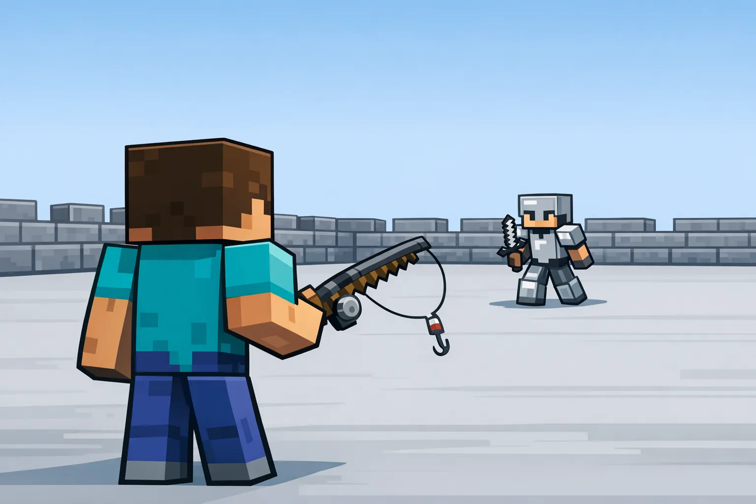 Un joueur Minecraft dans une arène Practice PvP minimaliste, sol plat et murs bas, tenant une canne à pêche dans la main principale, avec une seconde silhouette en face à distance de combo. L’ambiance doit évoquer l’entraînement mécanique (duels, com...