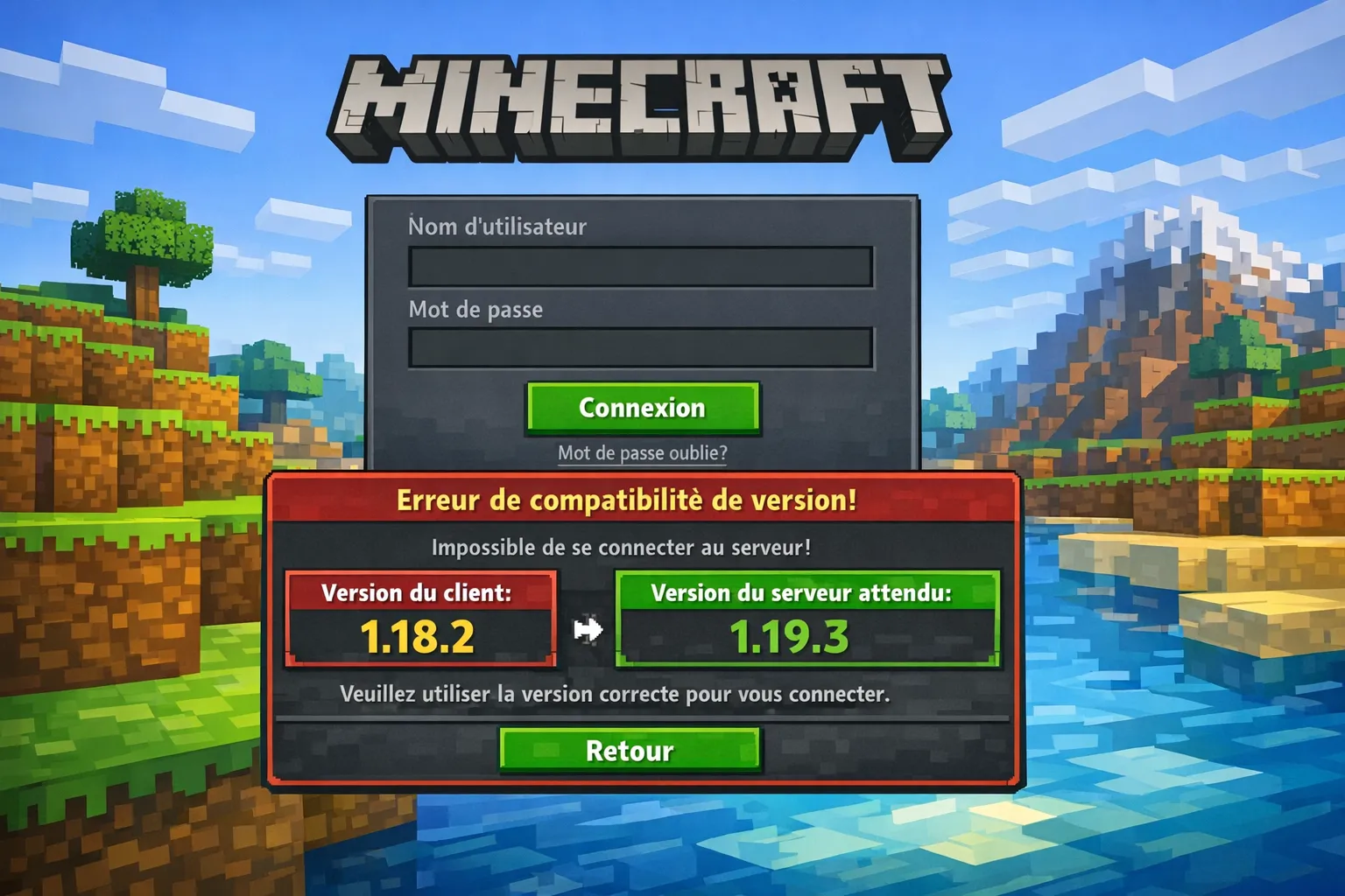 Un écran de connexion Minecraft montrant une erreur de compatibilité de version, avec un encadré qui met en évidence la version du client et la version attendue par le serveur.
