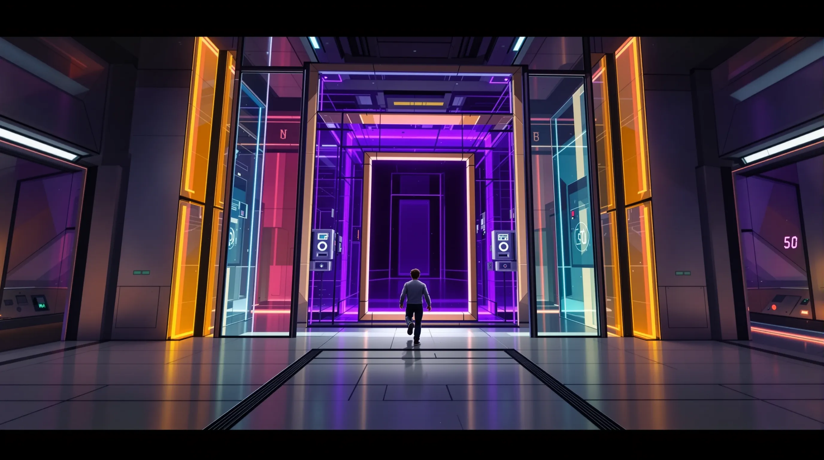 Un portail du Nether violet s’active au milieu d’un lobby futuriste, tandis qu’un joueur franchit la structure entourée de vitres colorées et de blocs de commande.