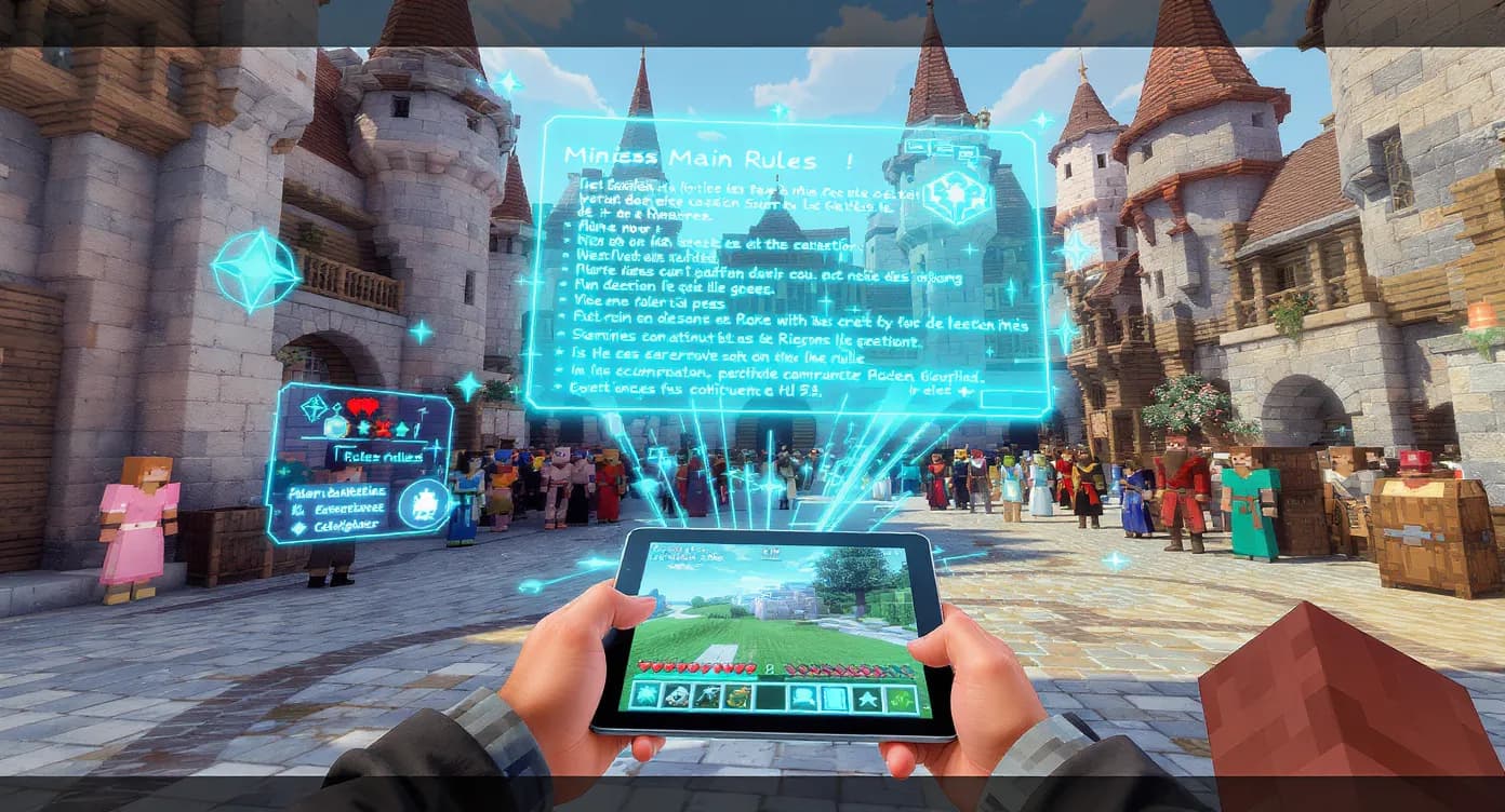 Un joueur Bedrock sur tablette effectue un test de latence dans le spawn médiéval d’un serveur francophone très animé, avec des hologrammes en français qui présentent les règles principales.