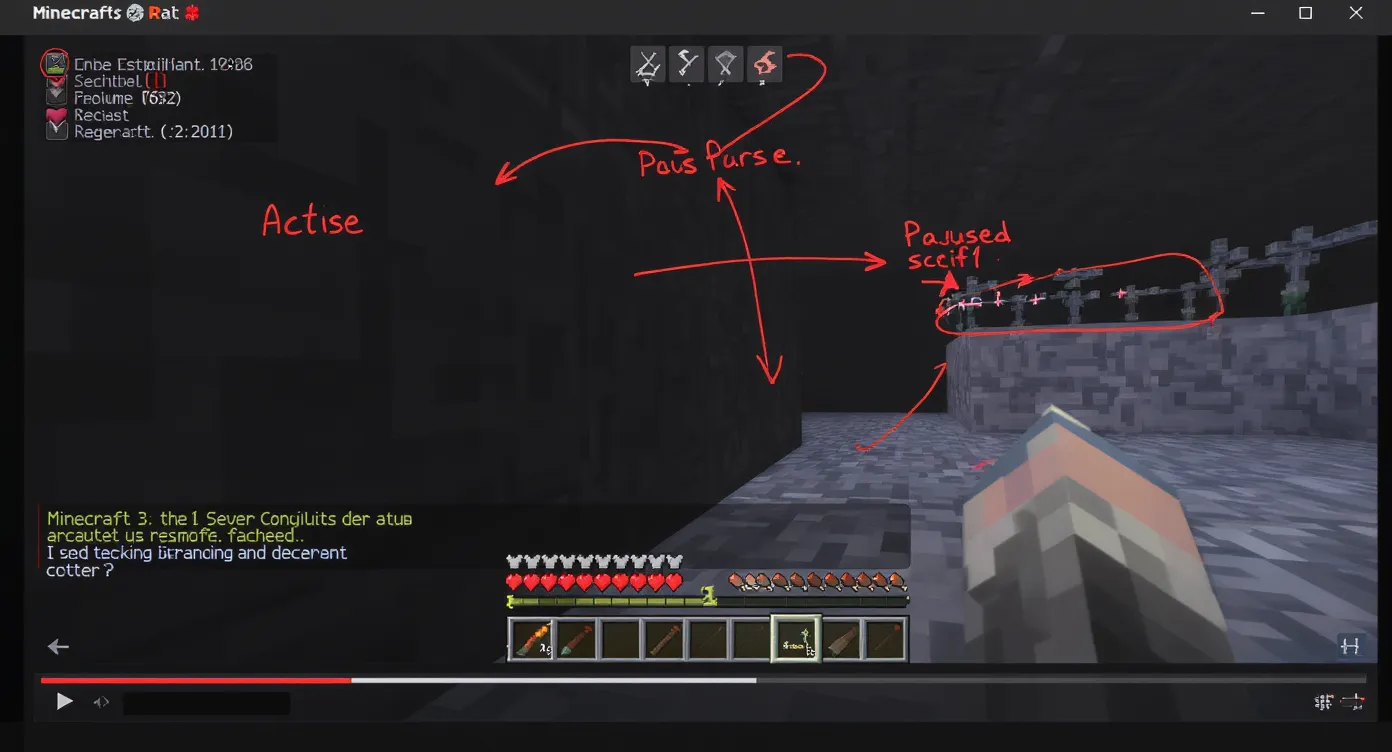 Un joueur analyse un replay Minecraft sur un écran : timeline active, pause sur un combo, annotations en surimpression.