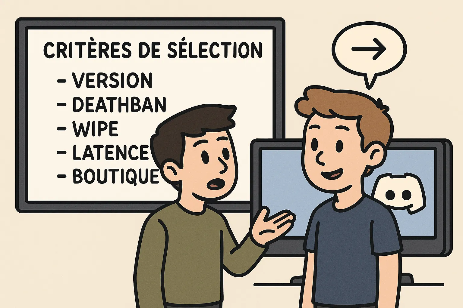 Un tableau blanc virtuel affichant des critères de sélection : version, deathban, wipe, latence et boutique. Deux joueurs discutent devant un écran Discord.