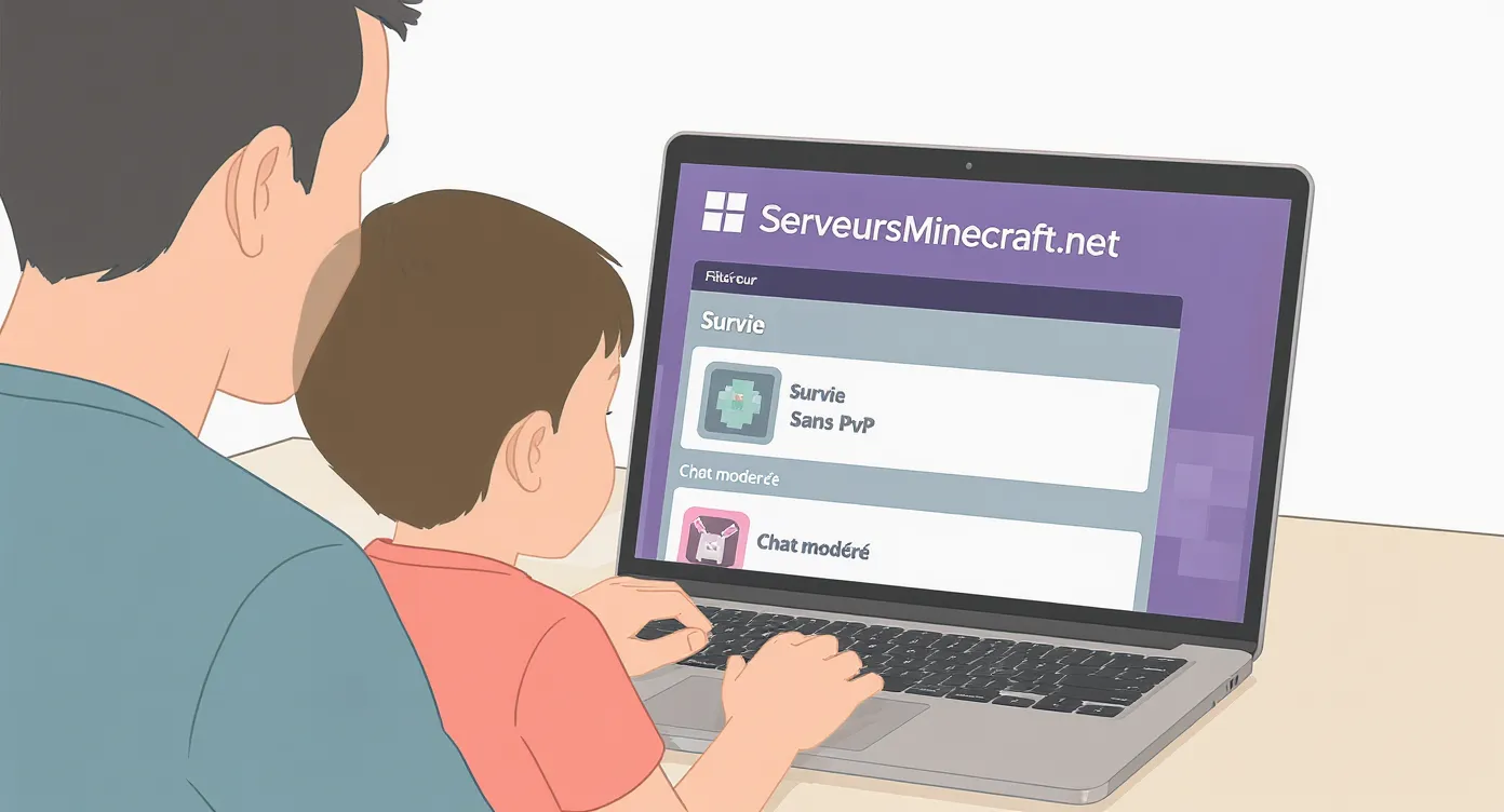 Capture d’un parent montrant à un enfant comment utiliser les filtres ServeursMinecraft.net sur un ordinateur portable, interface claire affichant des options « Survie », « Sans PvP » et « Chat modéré ».