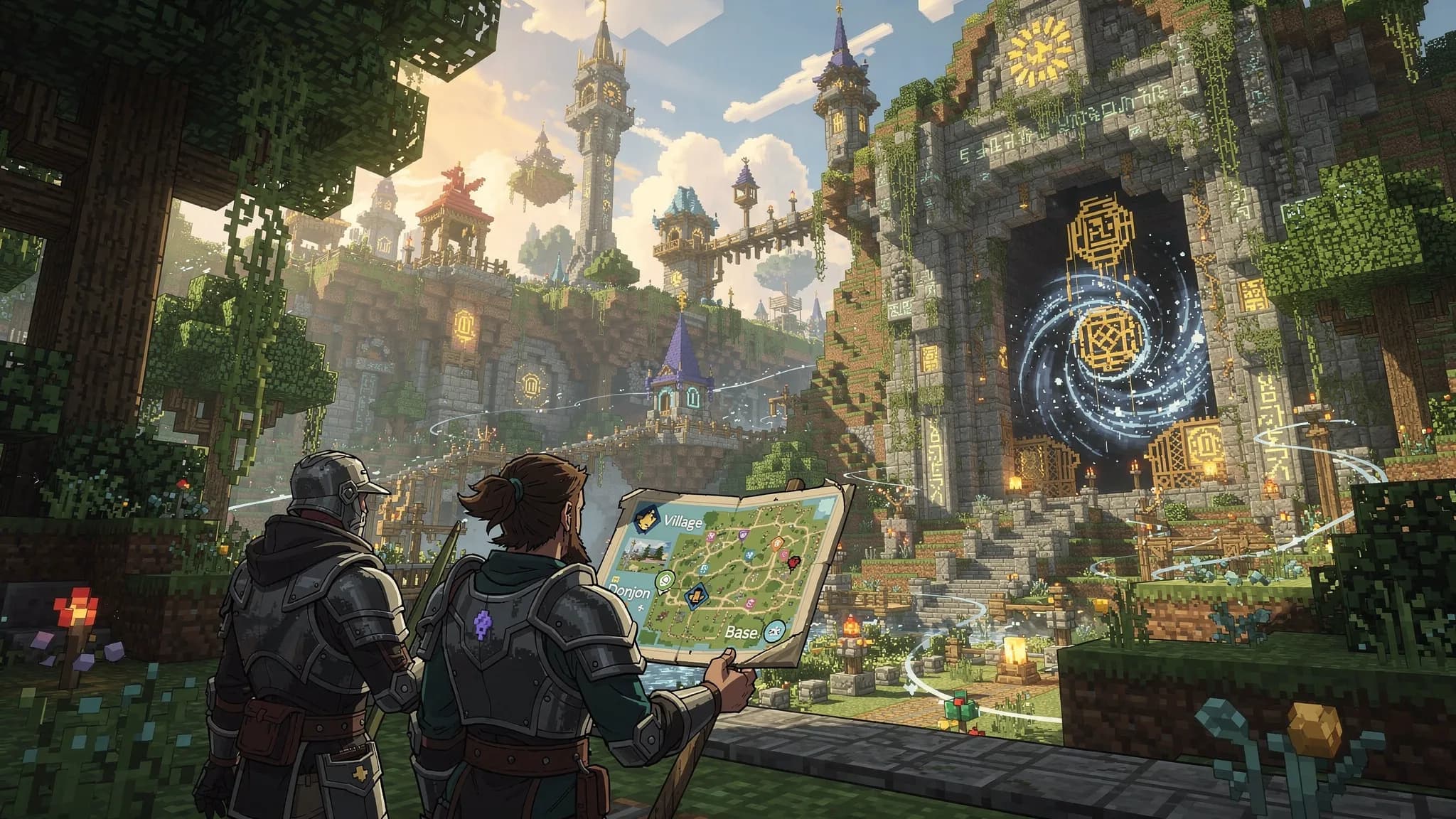 Deux joueurs francophones explorent une forêt modifiée avec des ruines géantes, des donjons et une carte avec waypoints, sur un serveur Better Minecraft. Le ciel est lumineux, des particules magiques entourent une entrée de donjon, et des structures ...