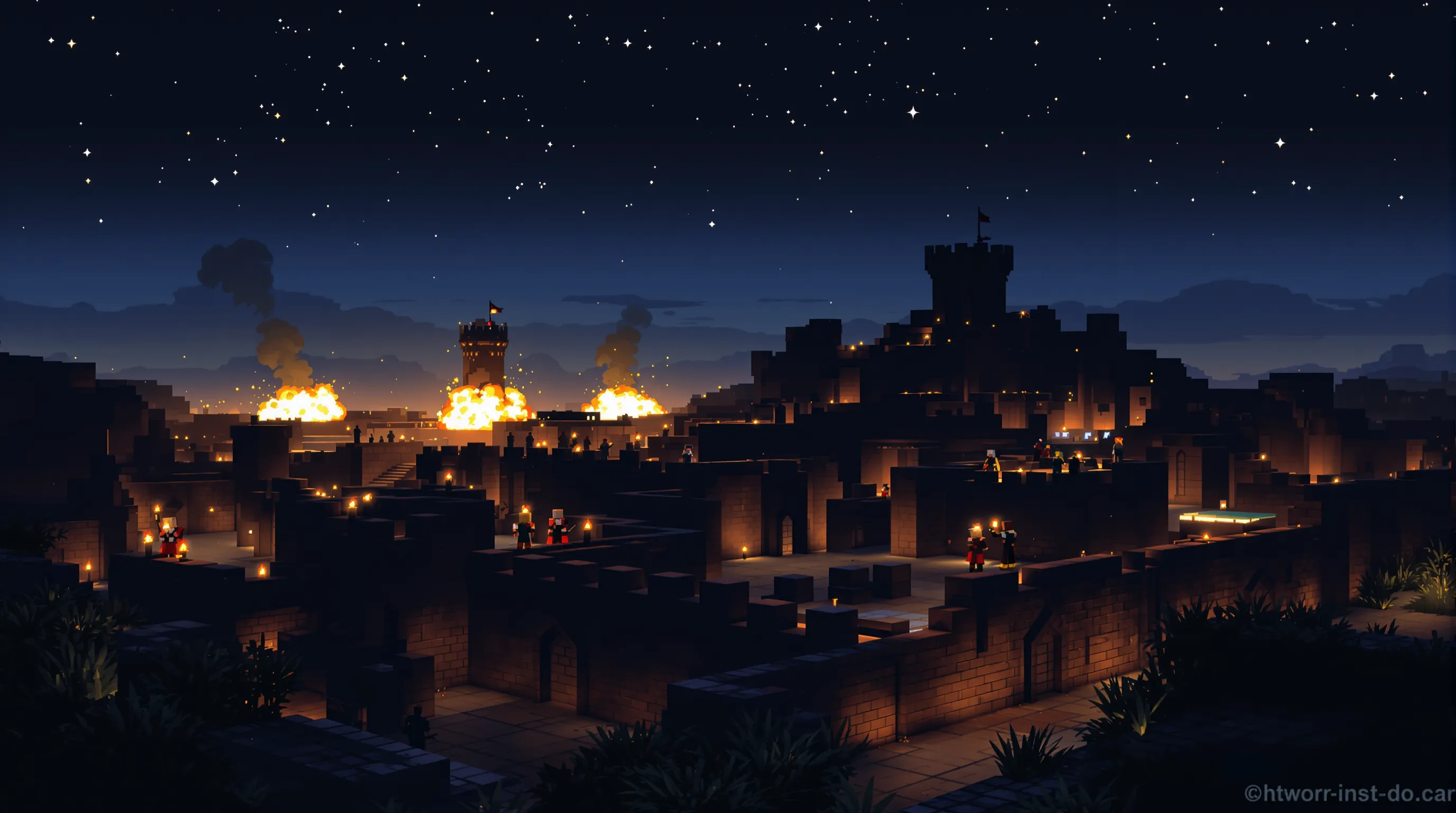 Un paysage nocturne dans Minecraft : une base Faction fortifiée éclairée par des torches, des joueurs en armure netherite montent la garde tandis qu’au loin on aperçoit des impacts de TNT sous un ciel étoilé.