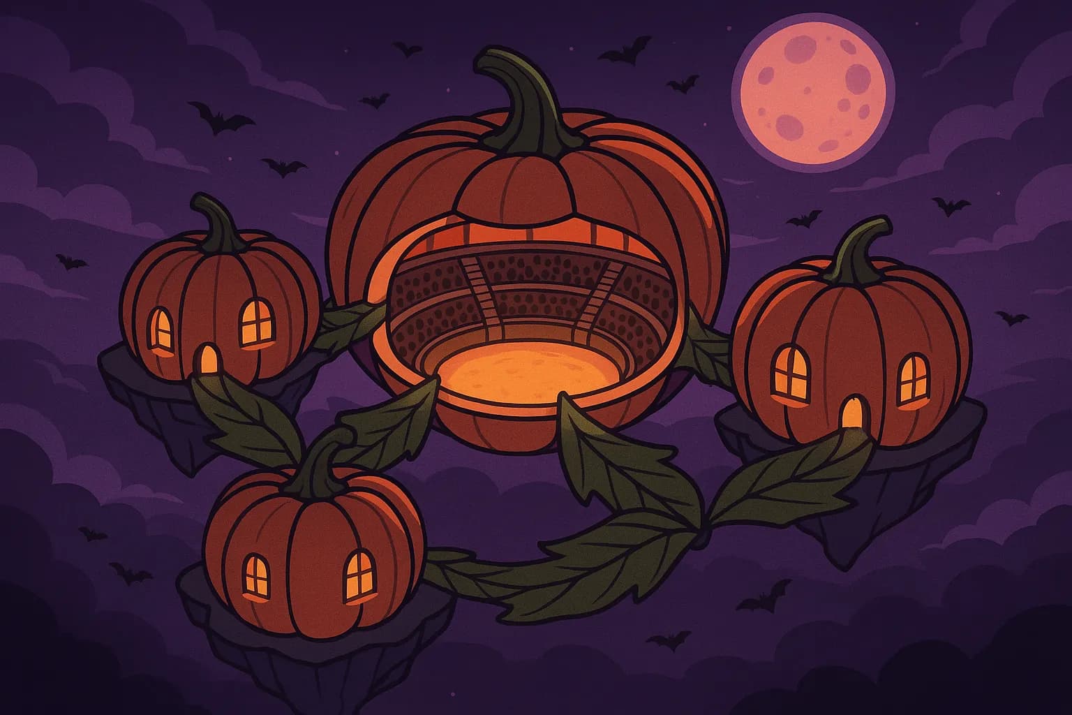 Vue aérienne d'une arène volante en forme de citrouilles géantes reliées par des ponts de feuilles, éclairée à la lueur pourpre d'un ciel nocturne d'Halloween.